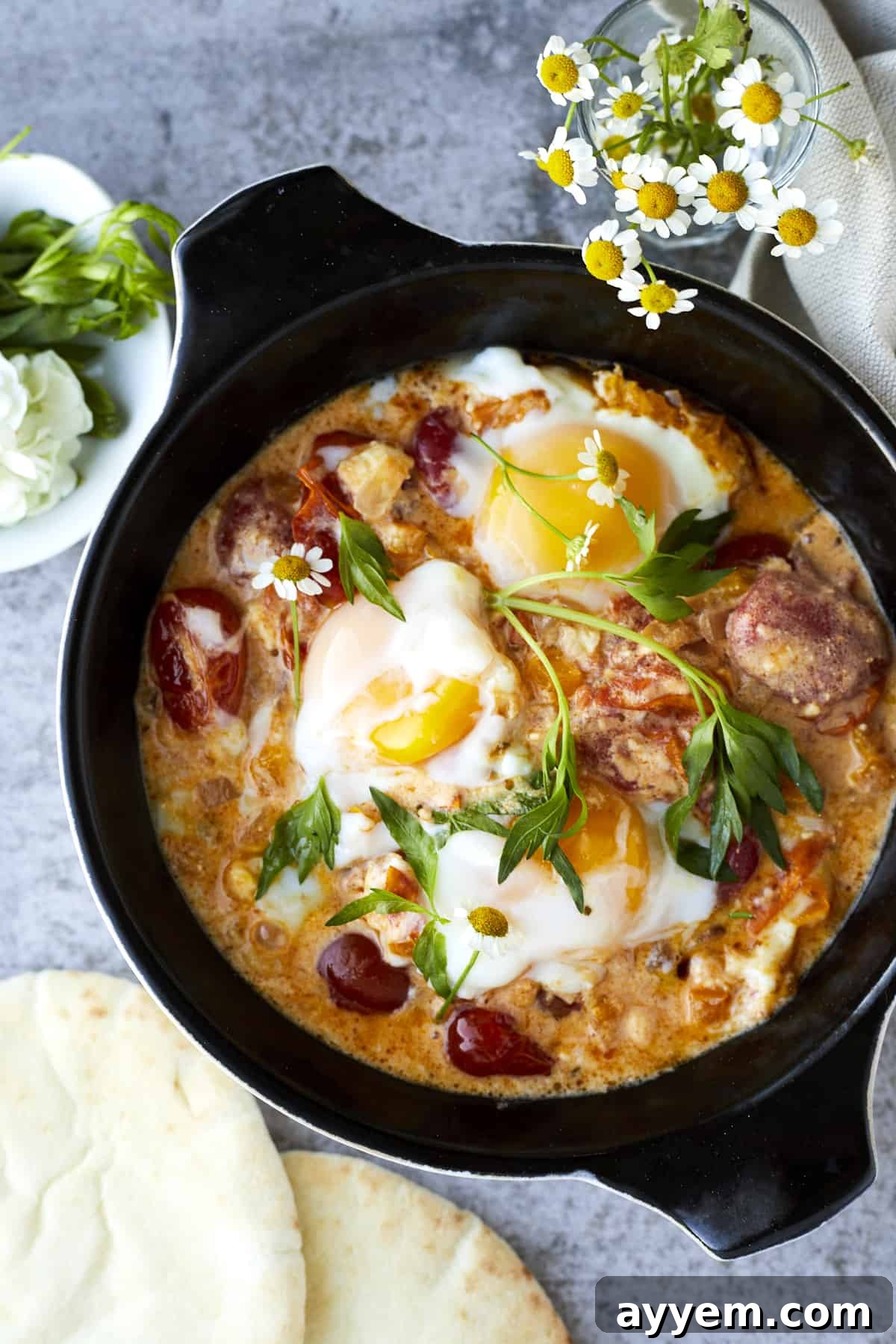 overhead image of a skillet full of oven baked eggs, feta, and vegetables.