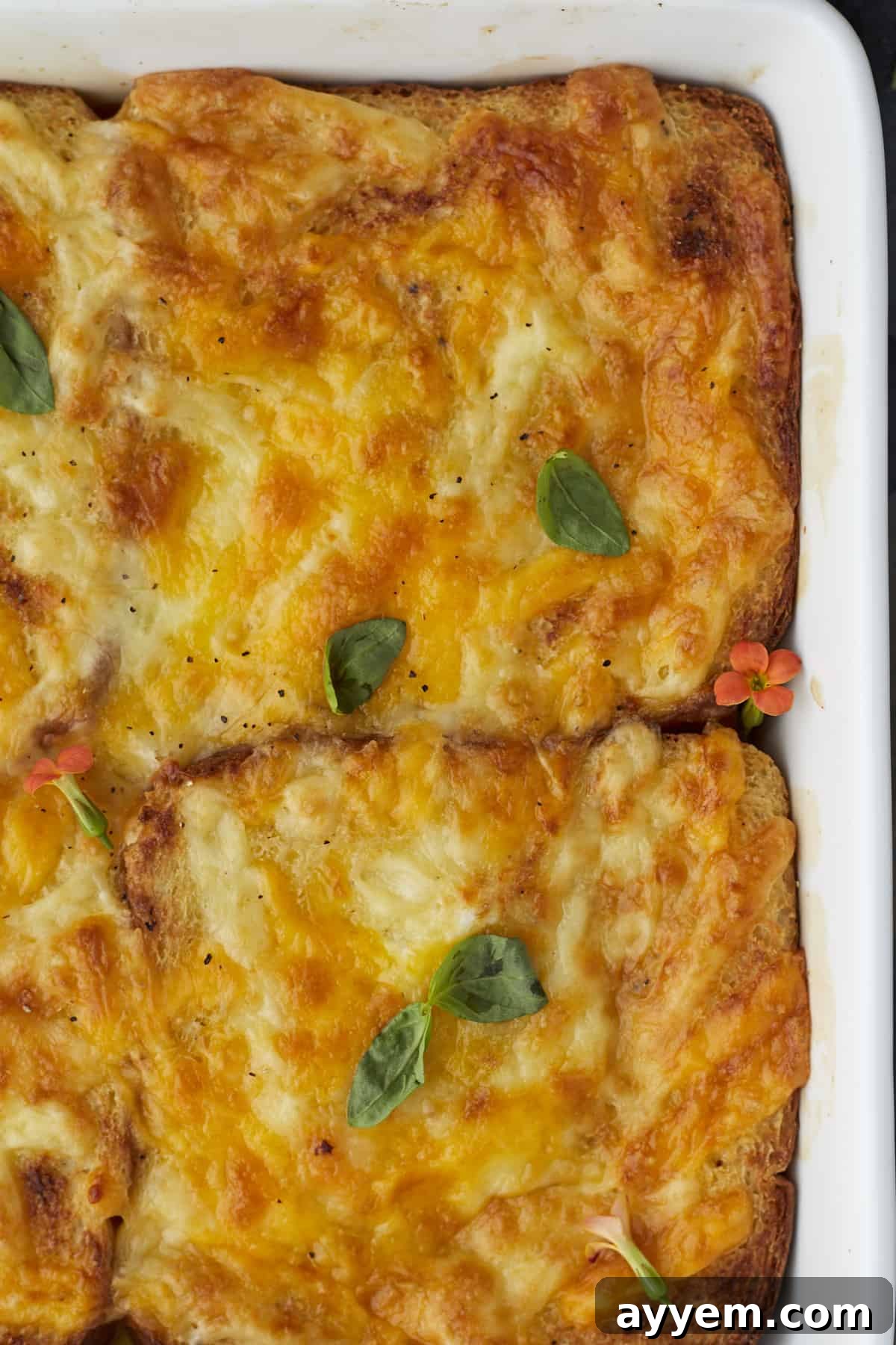 close up image of baked chicken fajita sandwiches in a square white baking dish