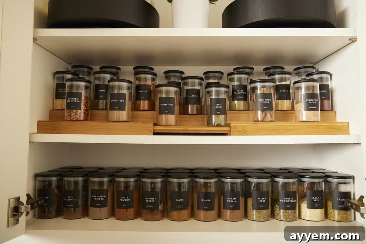 A wide view of a meticulously organized spice cabinet with various storage solutions, illustrating the potential for comprehensive organization.