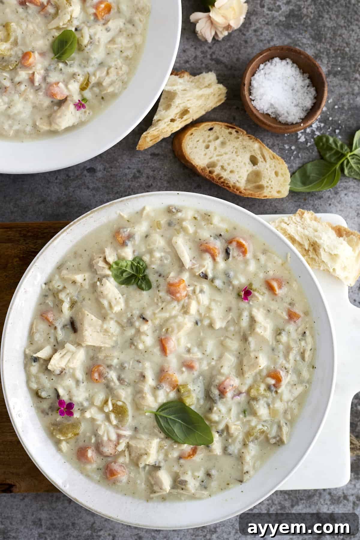 a bowl of slow cooker creamy chicken wild rice soup