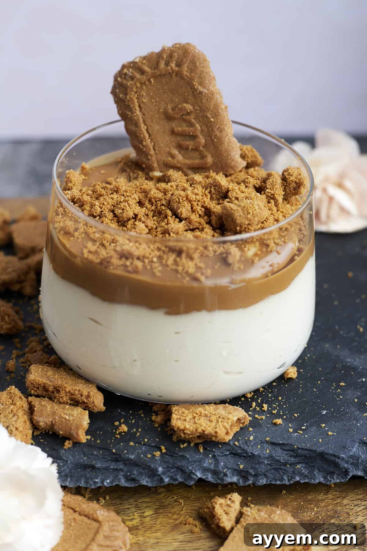 a glass jar with Biscoff mousse topped with Biscoff spread and Biscoff cookie pieces with a cookie sticking out