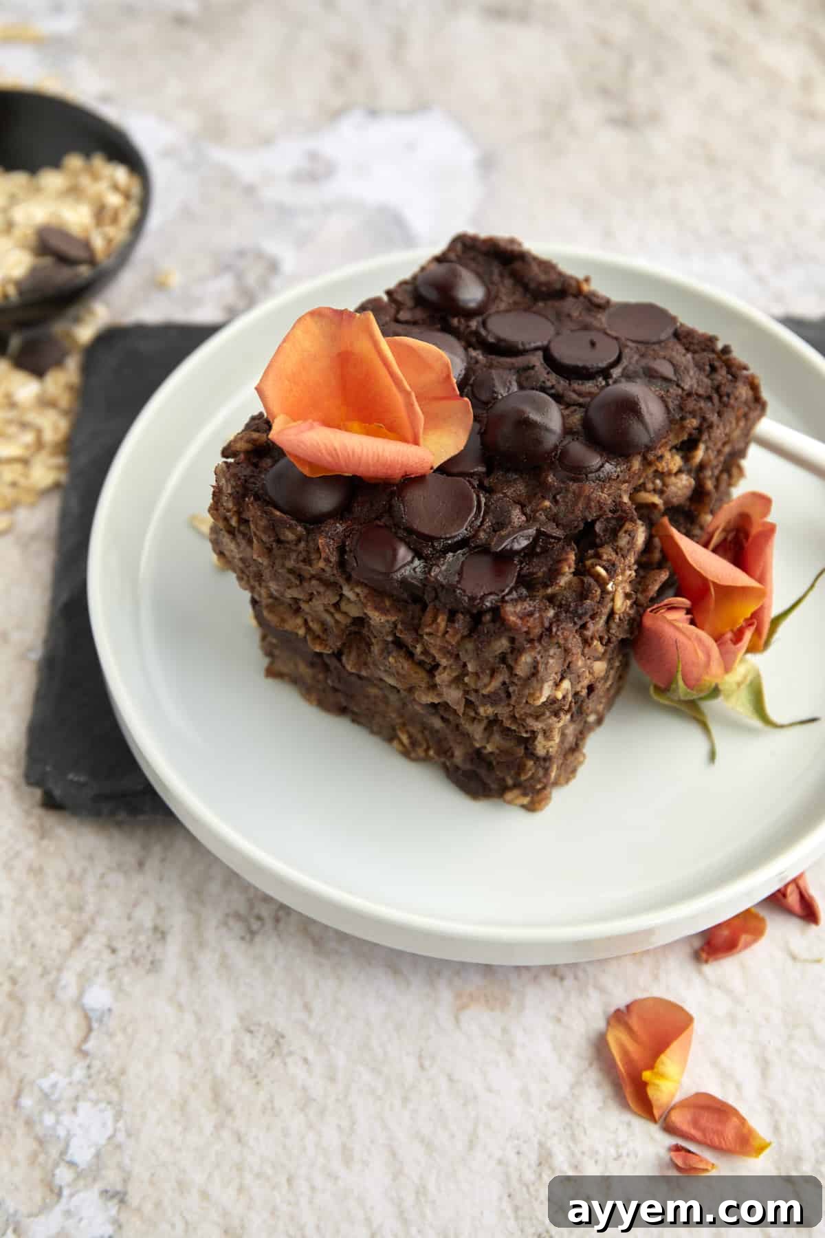 a serving of baked chocolate banana bread oatmeal on a plate