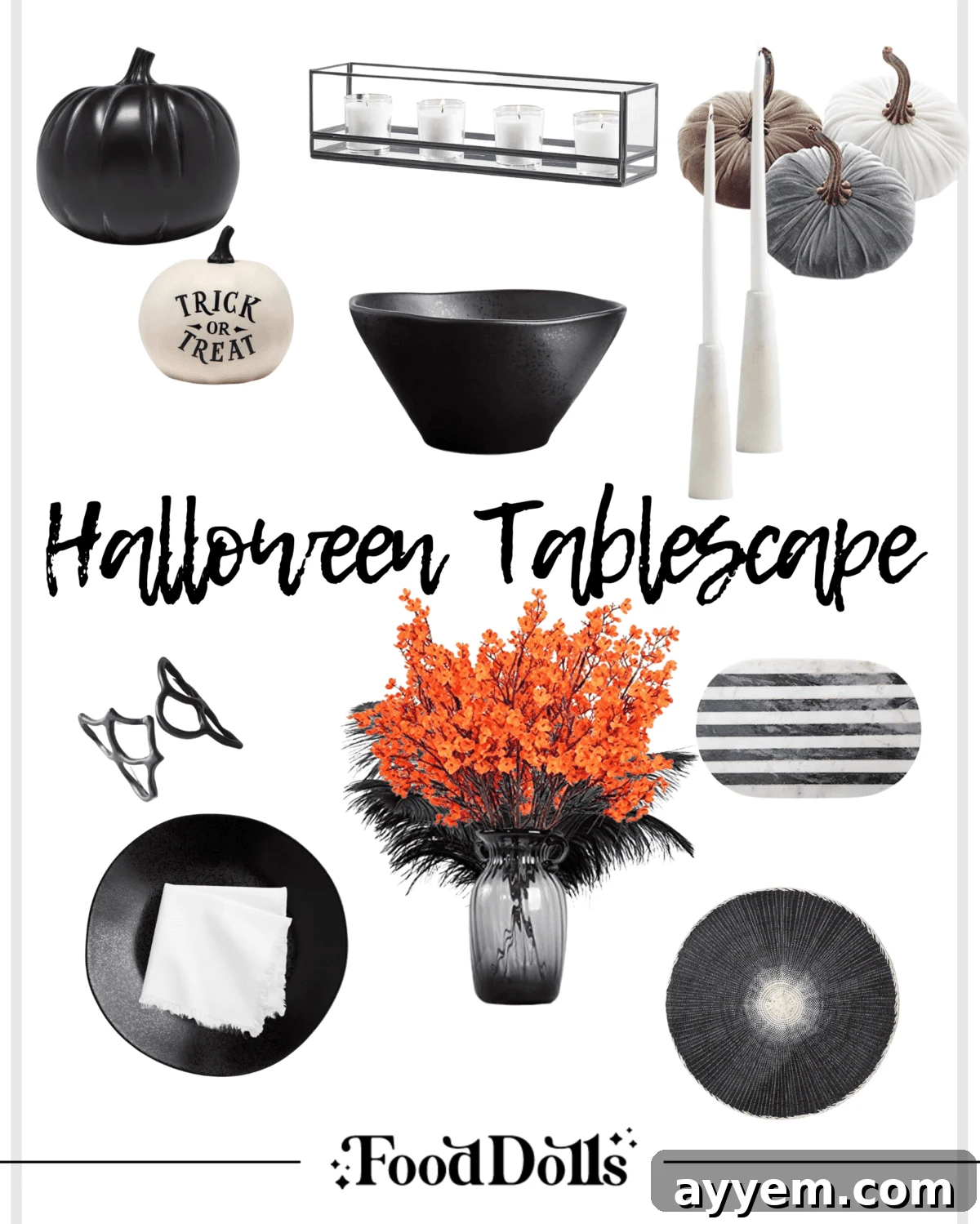 A beautifully decorated Halloween tablescape featuring an indoor s'mores board, pumpkins, and fall decor