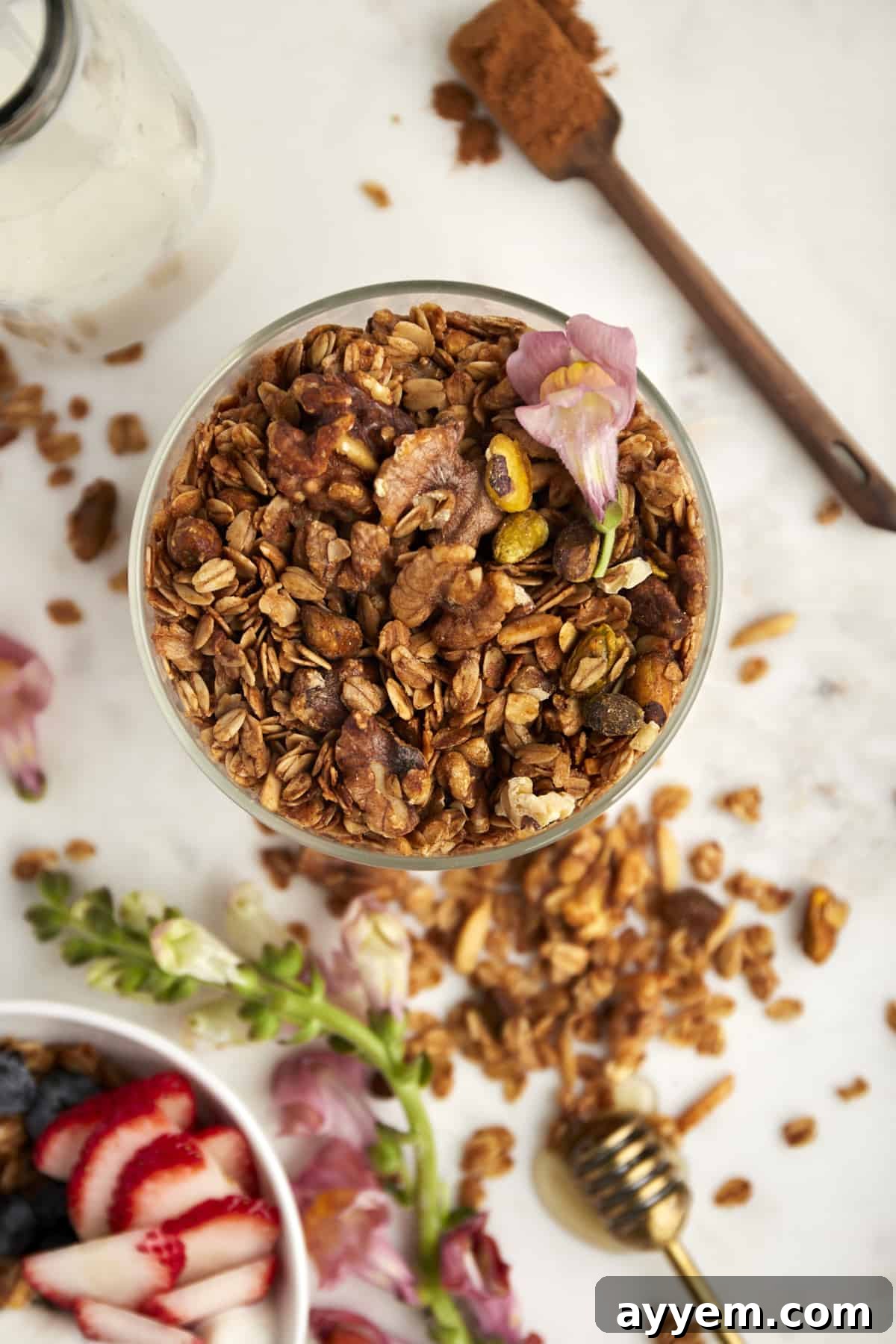 overhead image of a jar of baklava granola