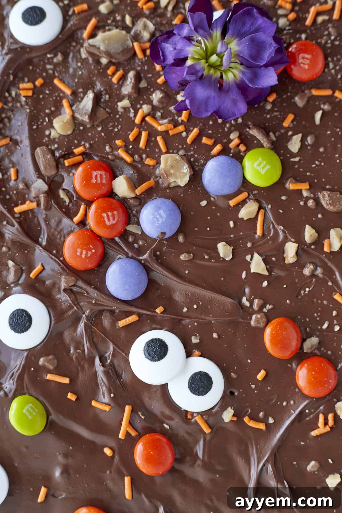 close up image of Halloween crack candy decorated with m&ms, candy eyeballs, toffee bits, and orange sprinkles