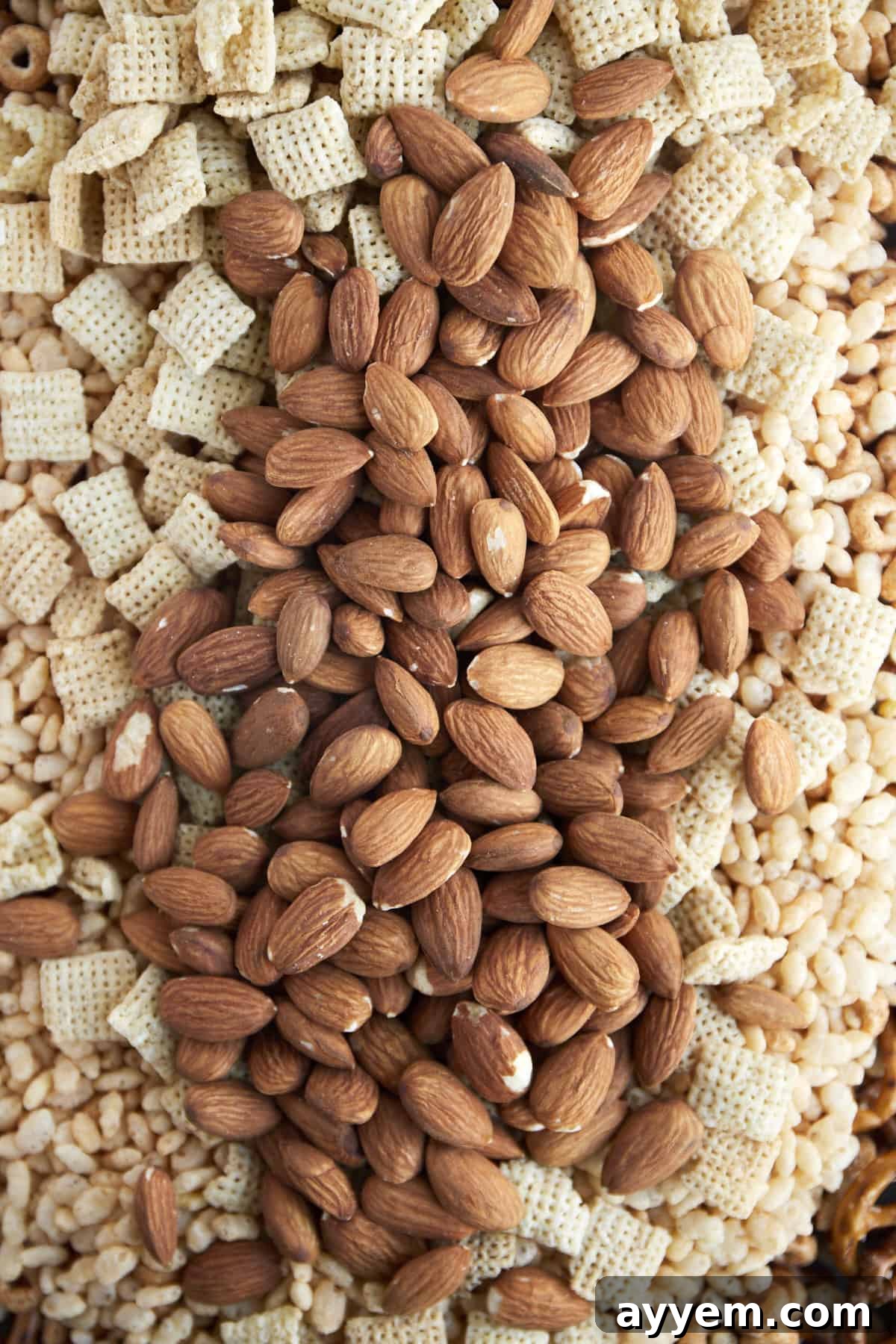 Rice Chex, Pumpkin Spice Cereal, Rice Krispies, and almonds