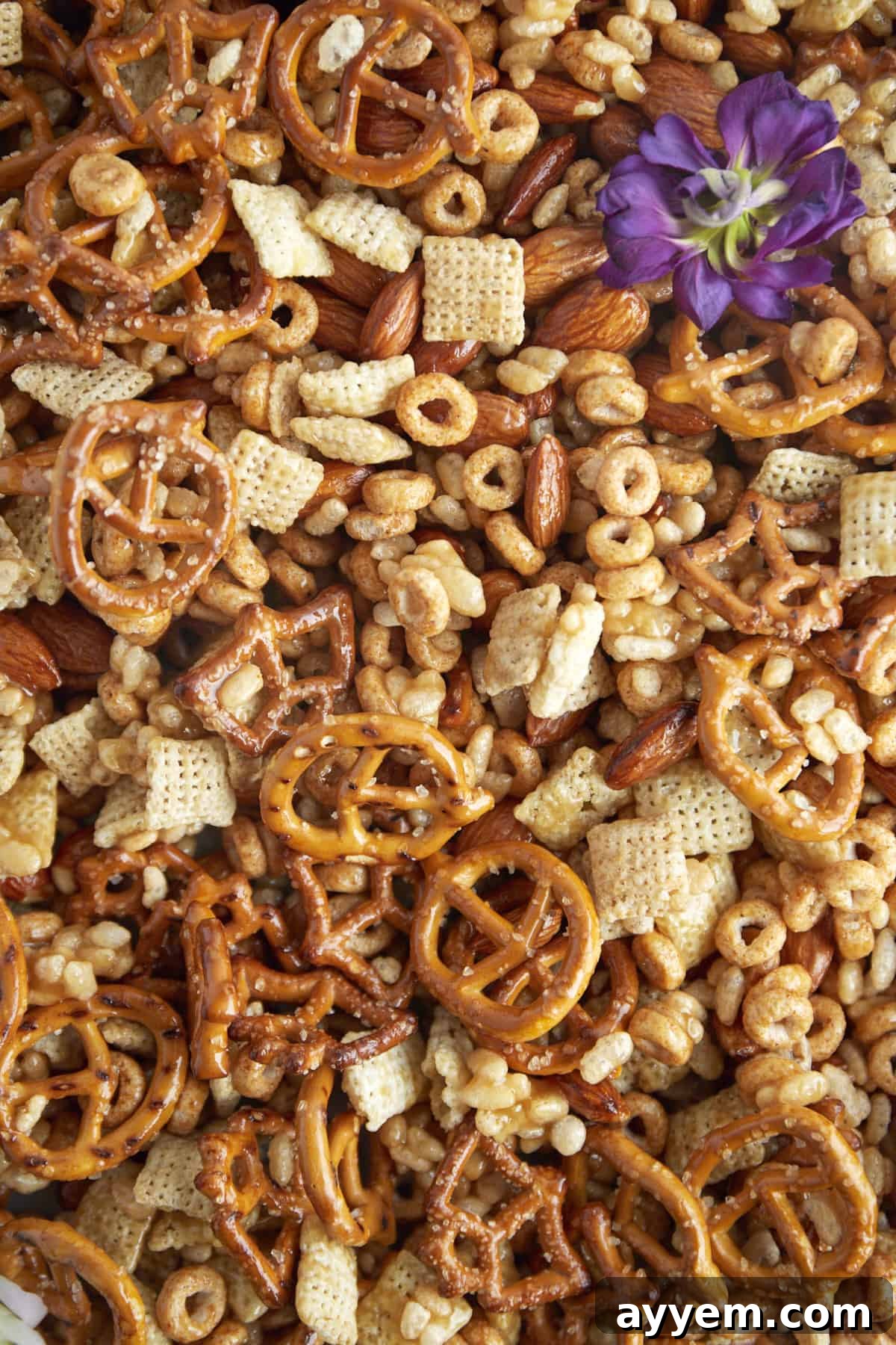 roasted pretzels, Rice Chex, pumpkin spice Cheerios, and Rice Krispies coated with caramel sauce