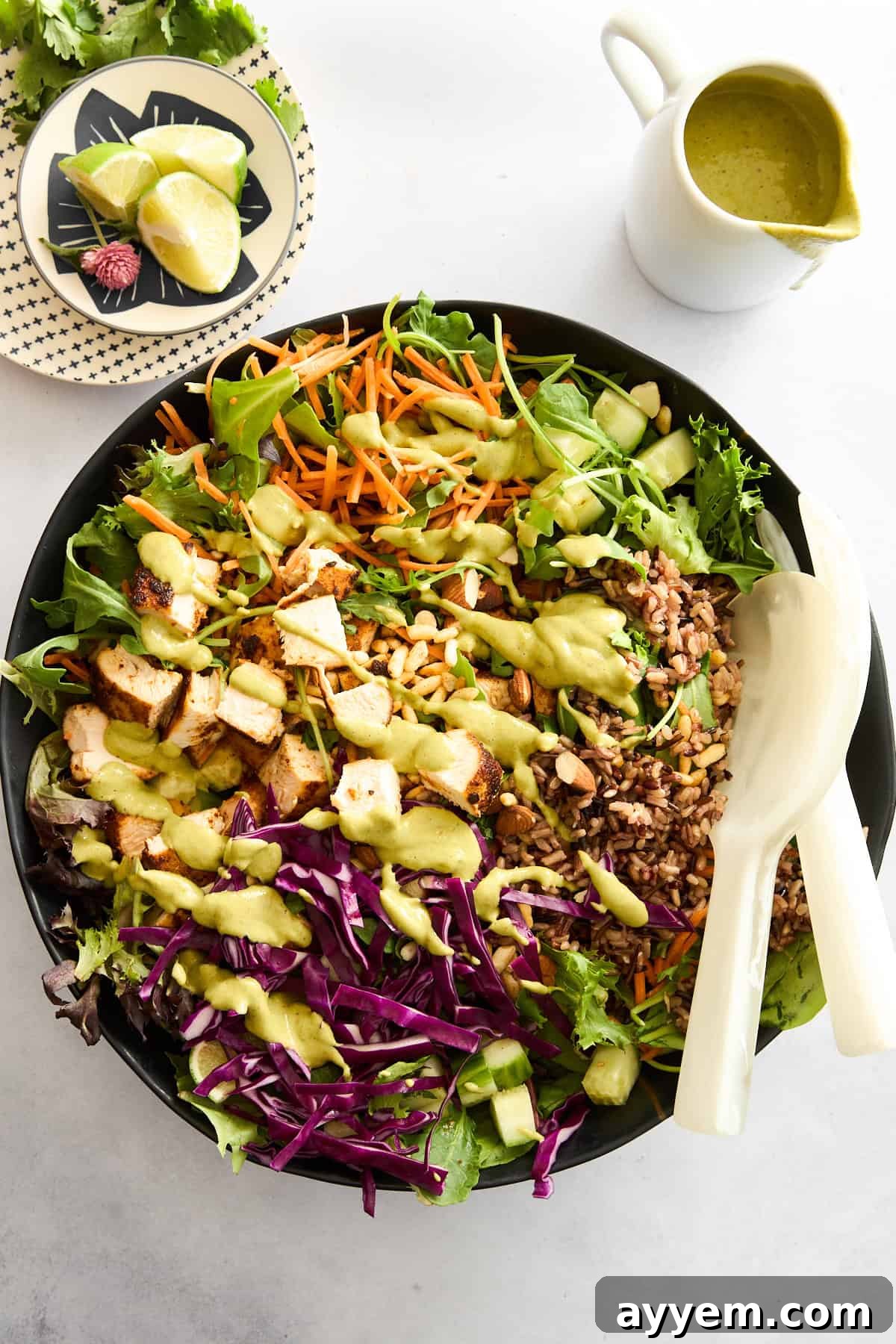 Homemade SweetGreen Crispy Quinoa Salad with perfectly cooked chicken, fresh vegetables, and spicy cashew dressing.