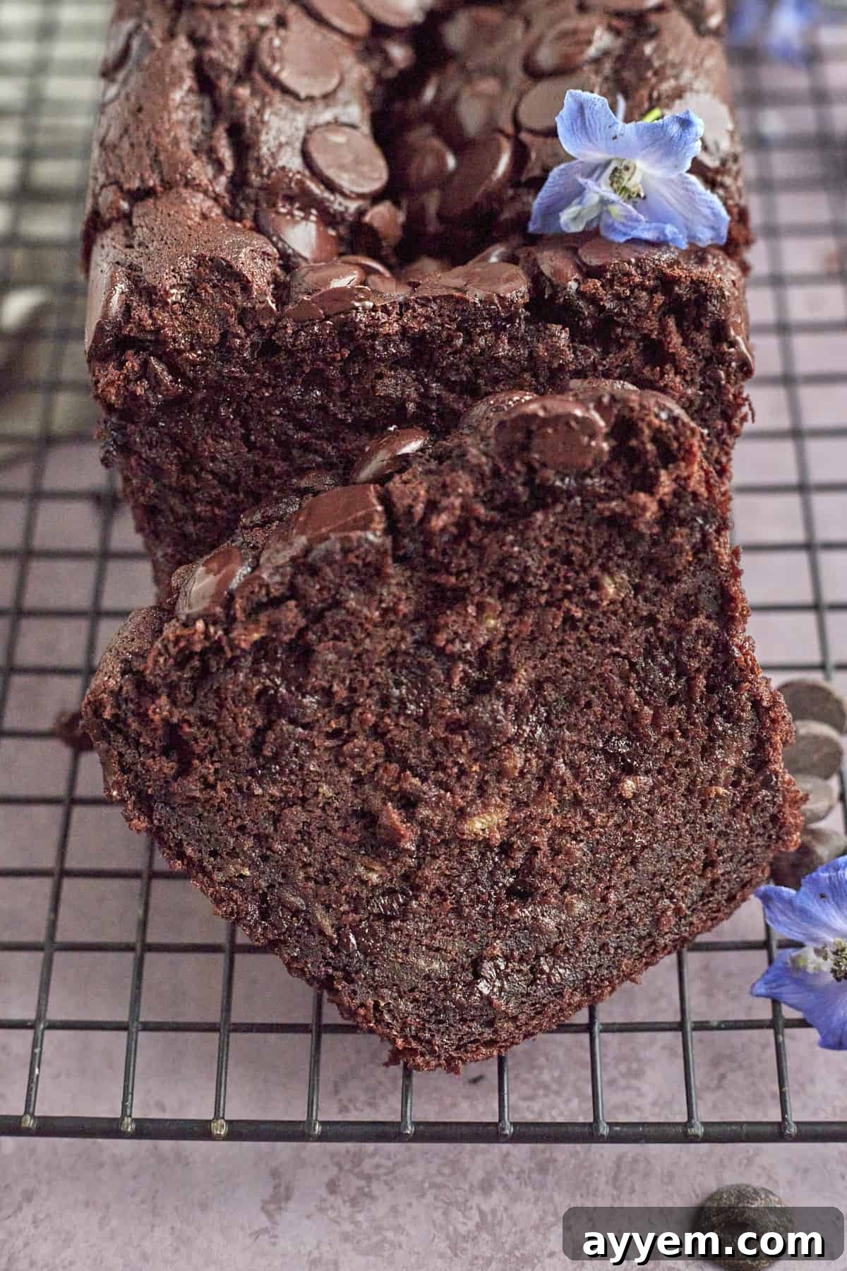 close up image of a slice of double chocolate banana bread