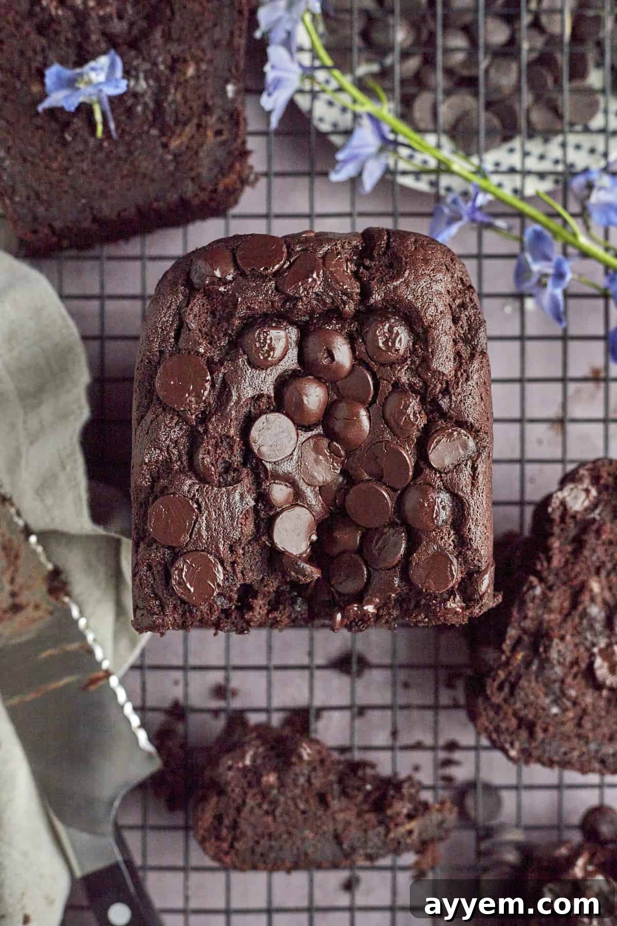 half a loaf of double chocolate banana bread on a wire rack with a knife in the bottom lefthand corner