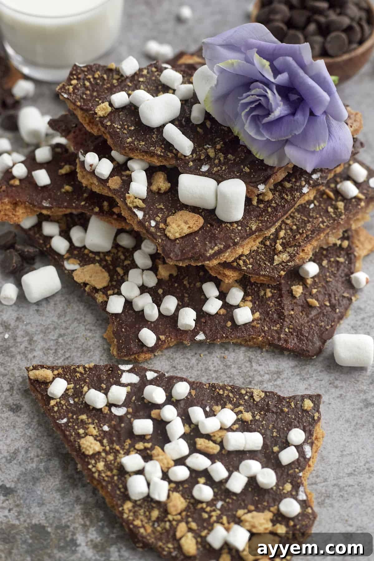 Perfectly stacked S'mores Graham Cracker Toffee Bars, showcasing their irresistible layers of graham cracker, toffee, chocolate, and marshmallow toppings.