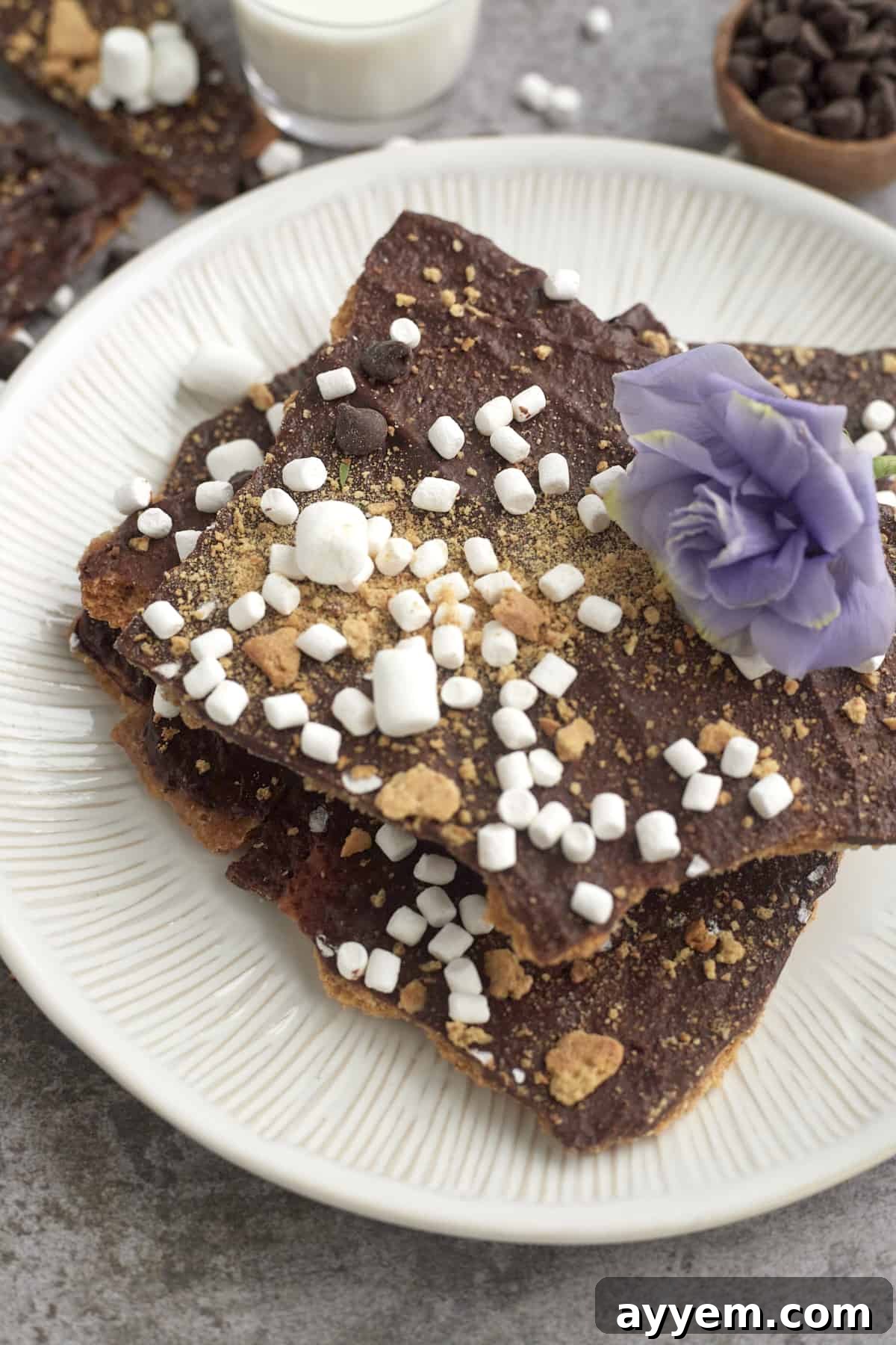 Stacked S'mores Graham Cracker Toffee Bars on a pristine white plate, showcasing their inviting texture and delicious layers.