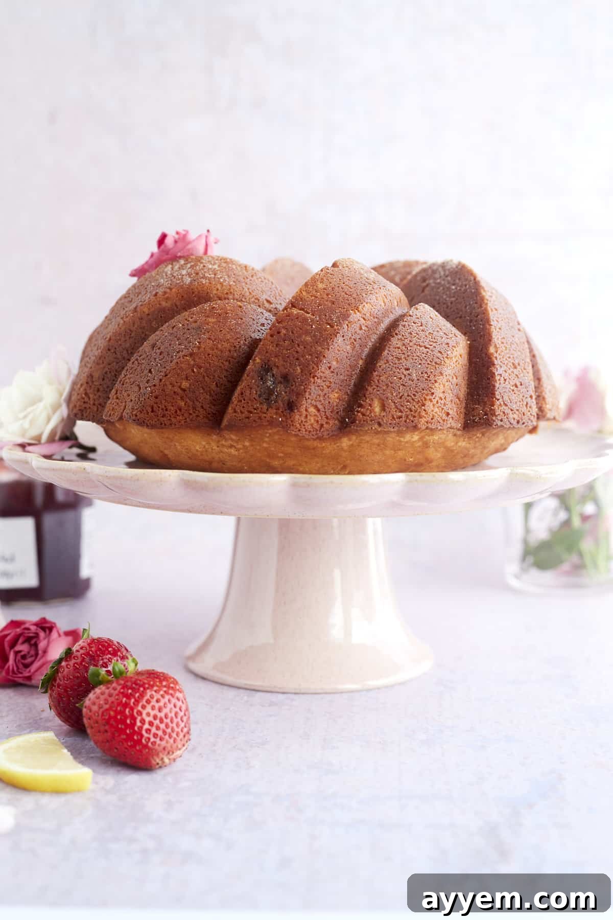 A side view of a simple, unadorned strawberry lemon bundt cake resting gracefully on a white cake stand.