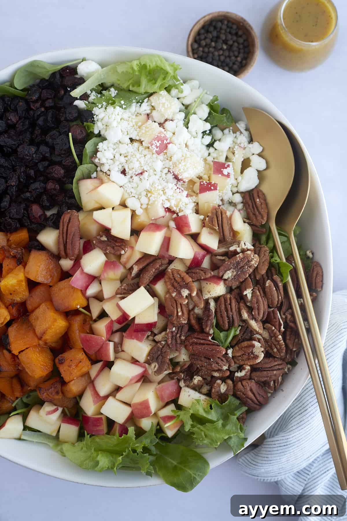 a bowl of roasted butternut squash salad with butternut squash, dried cranberries, apples, goat cheese, and pecans