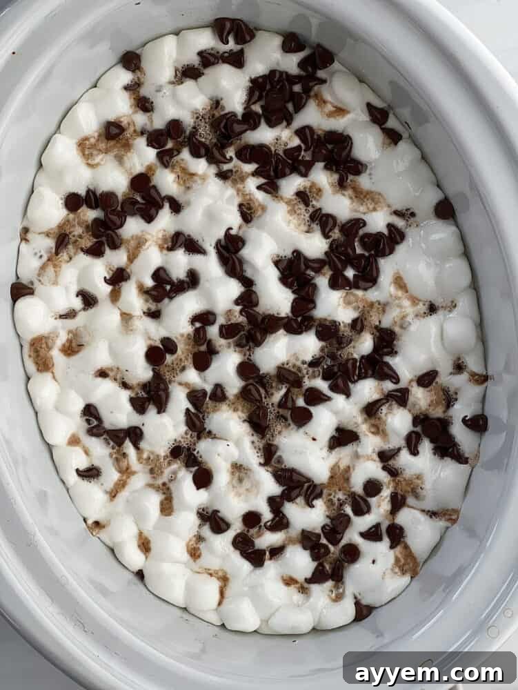 Overhead image of a slow cooker chocolate s'mores cake topped with golden marshmallows and melted chocolate chips, ready to be served.