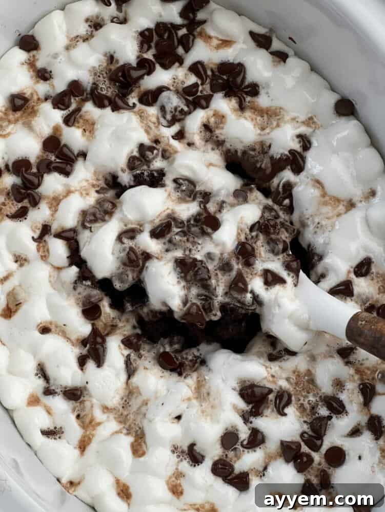 Scooping a generous portion of warm, gooey slow cooker chocolate s'mores cake, showing its layers of chocolate cake, graham cracker crust, and melted marshmallow topping.