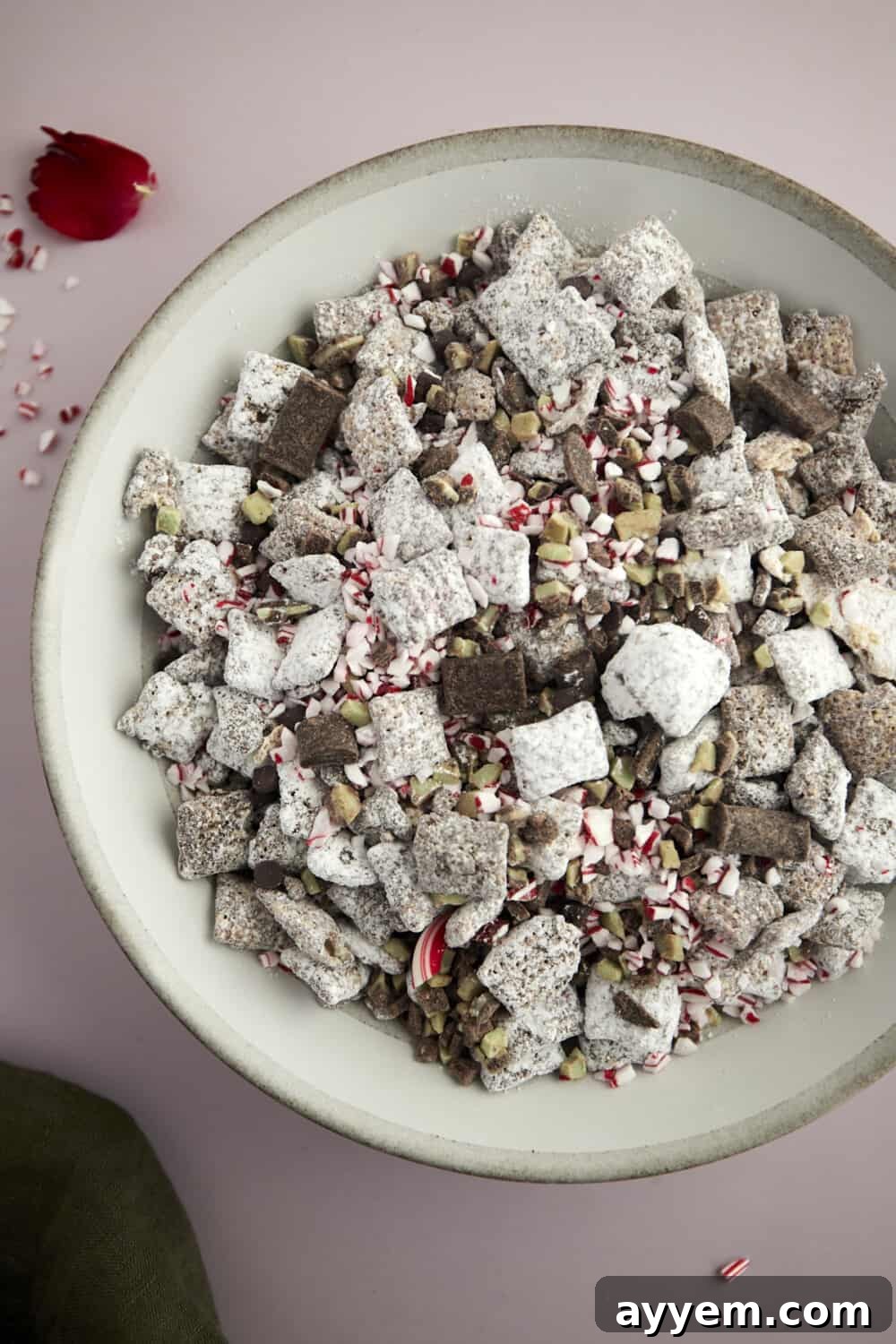overhead image of a bowl full of Christmas puppy chow.