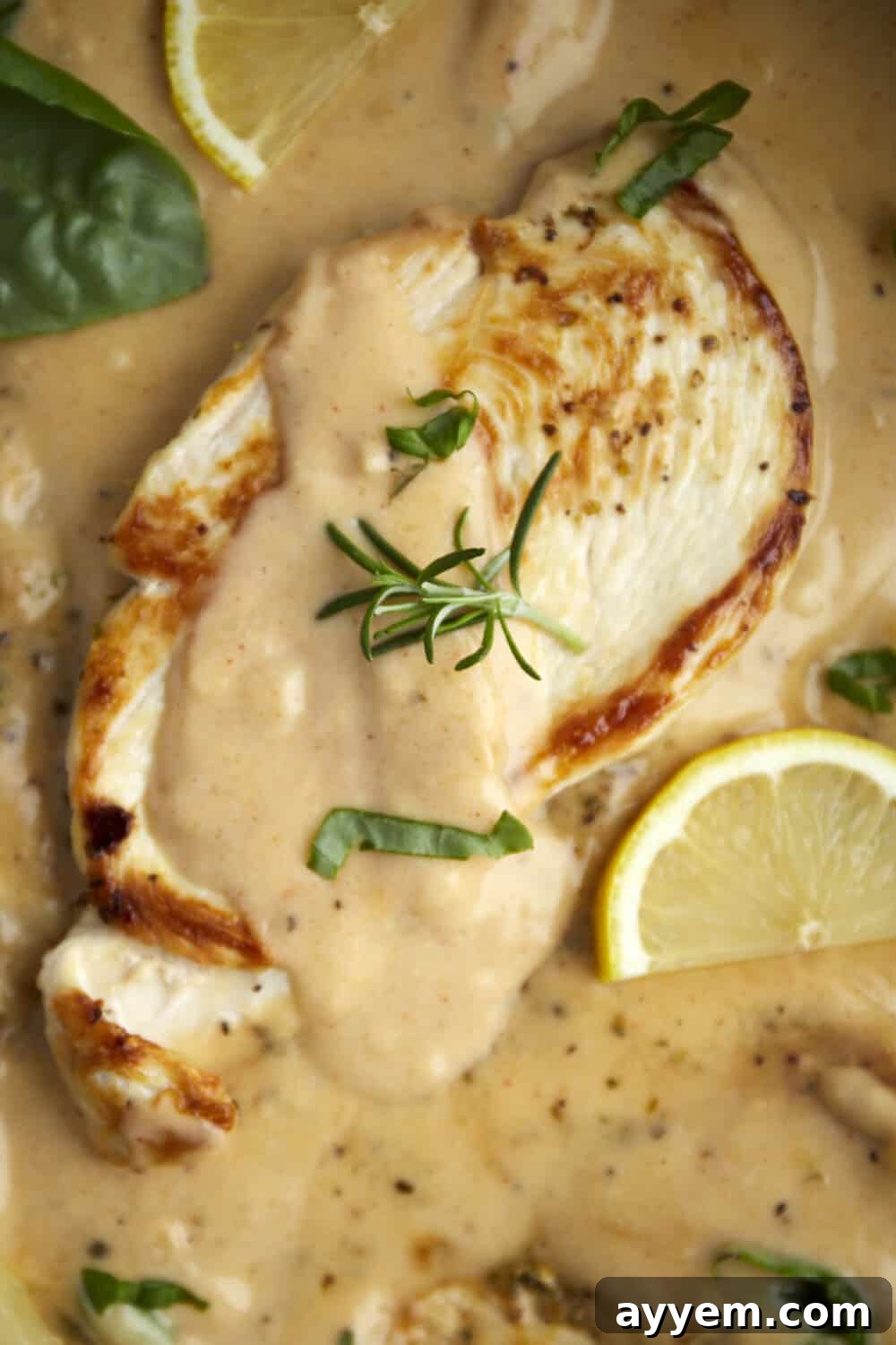 overhead image of creamy parmesan chicken in a skillet