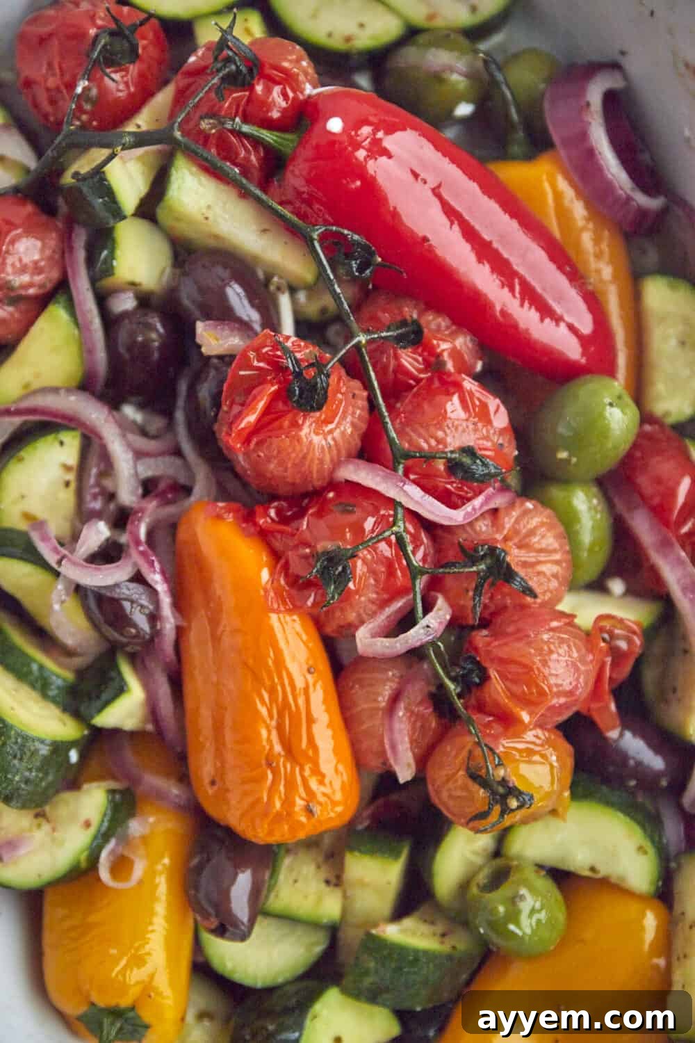 roasted tomatoes, zucchini, bell peppers red onions, and olives