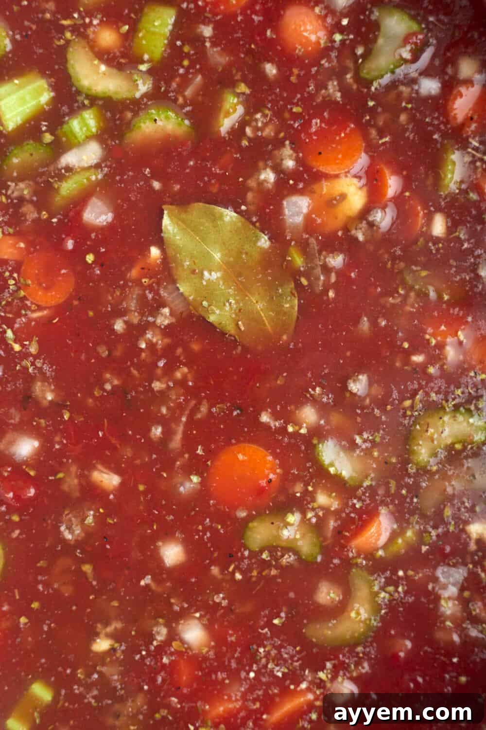 A close-up view of a spoon lifting a portion of thick, hearty pasta and beans soup, revealing its rich texture and ingredients.