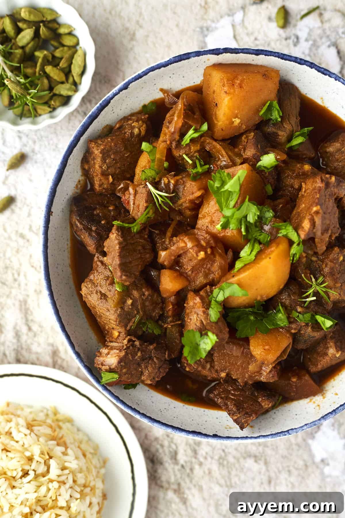 A bowl of beef stew topped with parsley. 