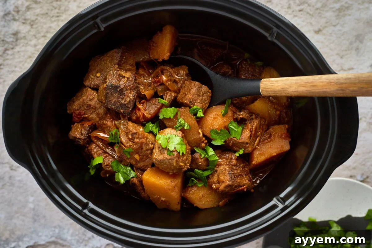 Cooked Middle Eastern beef stew in a crockpot.
