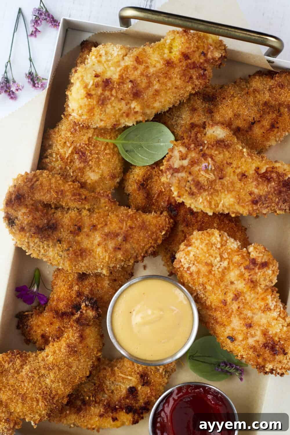 A platter of freshly baked parmesan chicken tenders, garnished with fresh parsley and ready for serving.