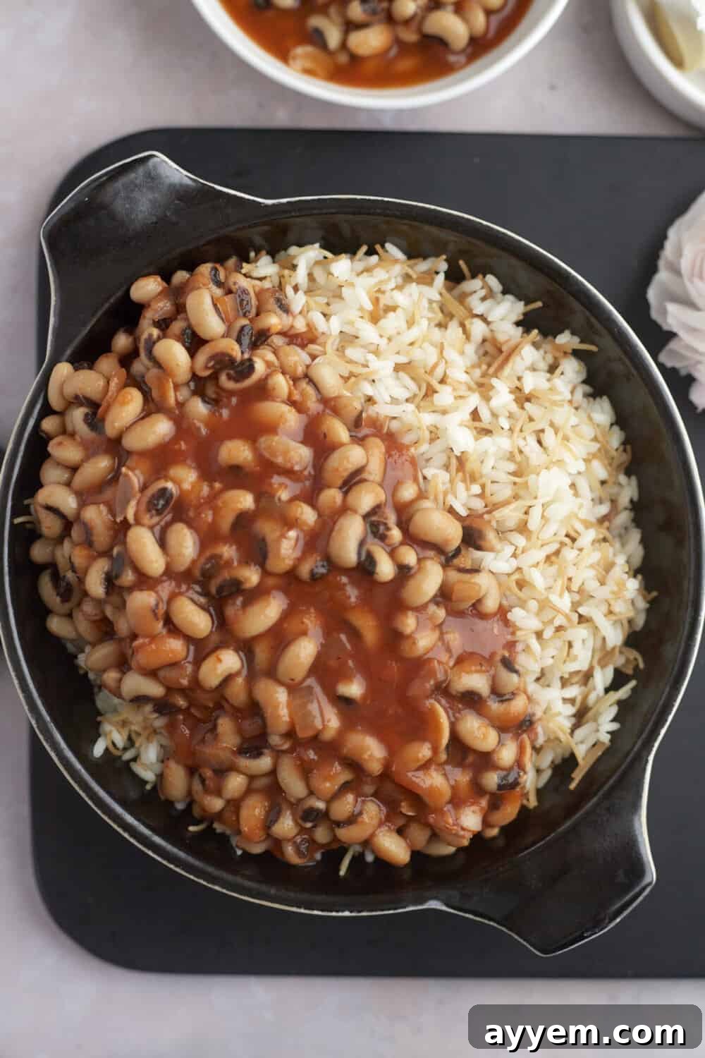 black-eyed pea stew served over vermicelli rice, a wholesome vegetarian meal