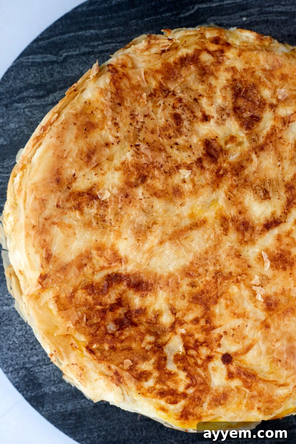 A close-up shot of the skillet veggie phyllo pie, showcasing its golden, flaky crust and the delicious texture of the filling. 