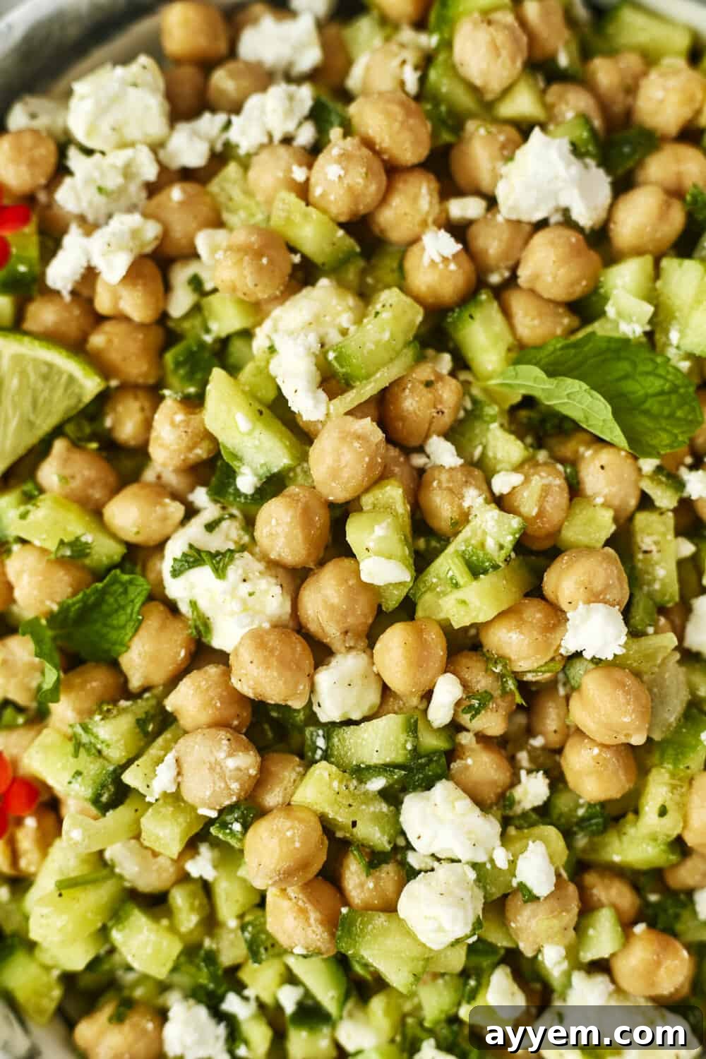 Close-up shot of the fresh ingredients in the Chickpea Cucumber Feta Salad, highlighting the chickpeas, diced cucumber, fresh herbs, and crumbled feta.