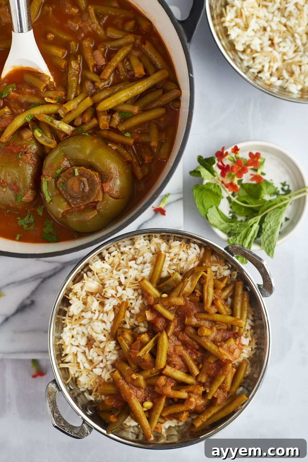 a pot of fasooliya and a side of green bean stew over rice
