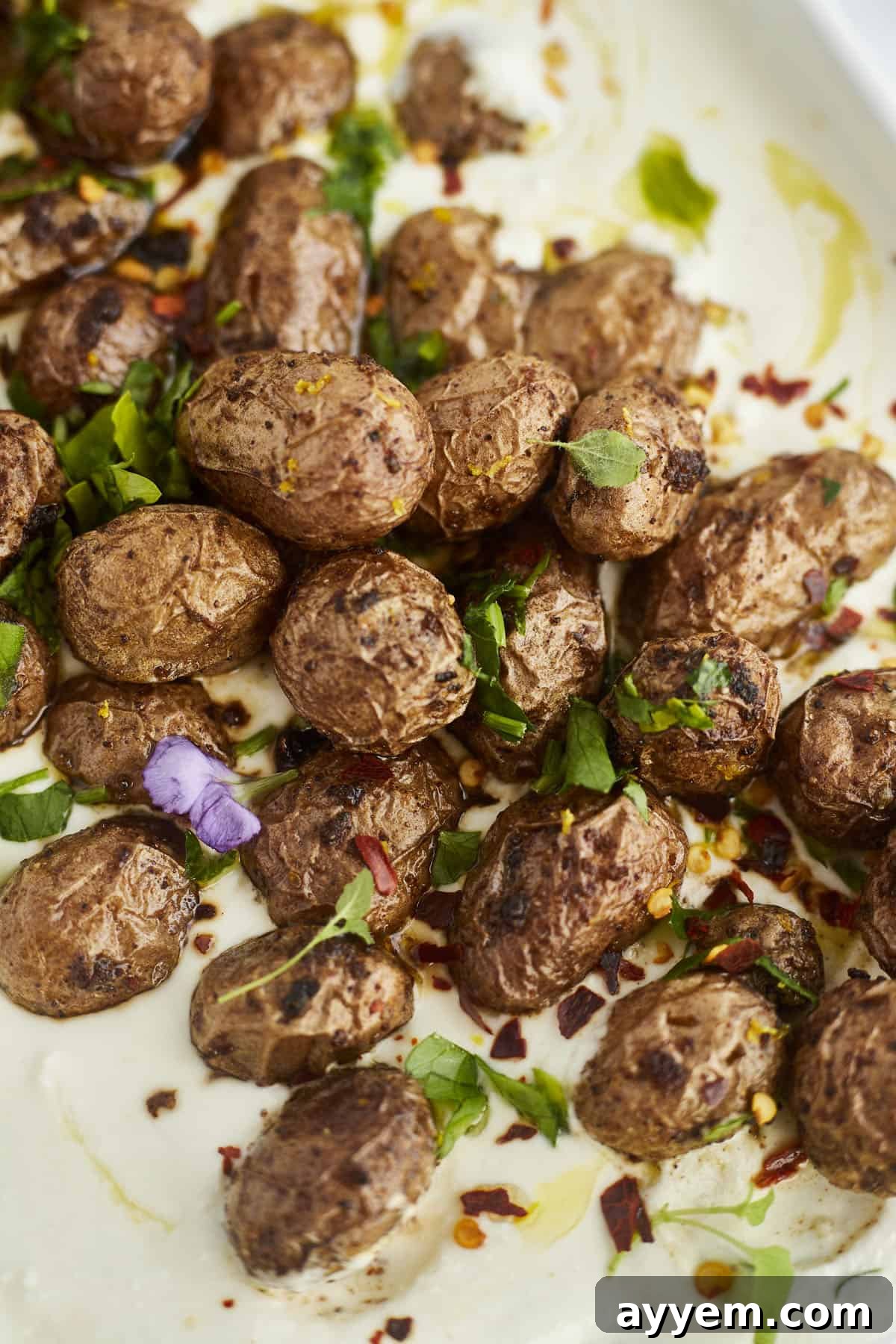 A detailed close-up of perfectly roasted Greek potatoes, golden and crisp, nestled beautifully into a bed of creamy, whipped feta dip, ready to be enjoyed.