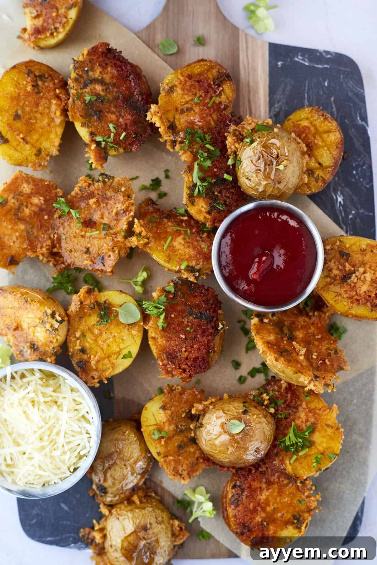 Golden crispy parmesan potatoes with fresh herbs