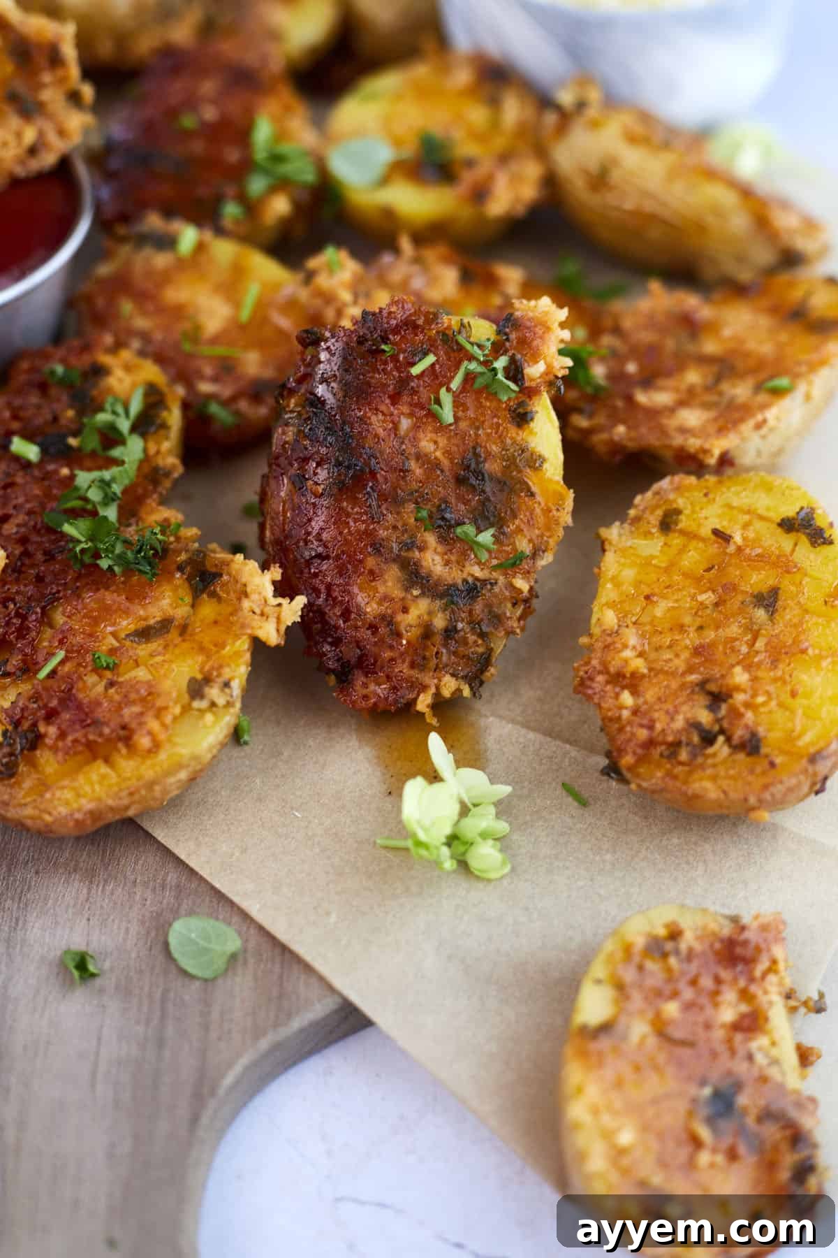 Close-up of crispy parmesan potatoes in a baking dish, ready to be served