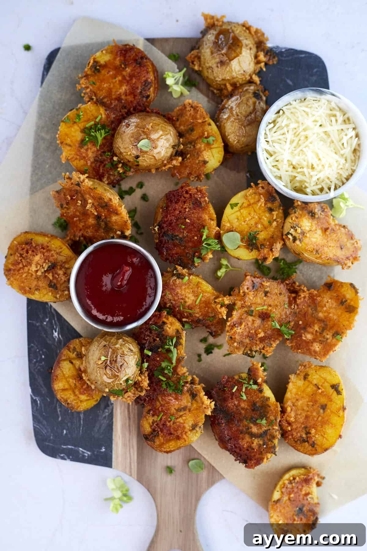 A close-up shot of golden crispy parmesan potatoes on a platter