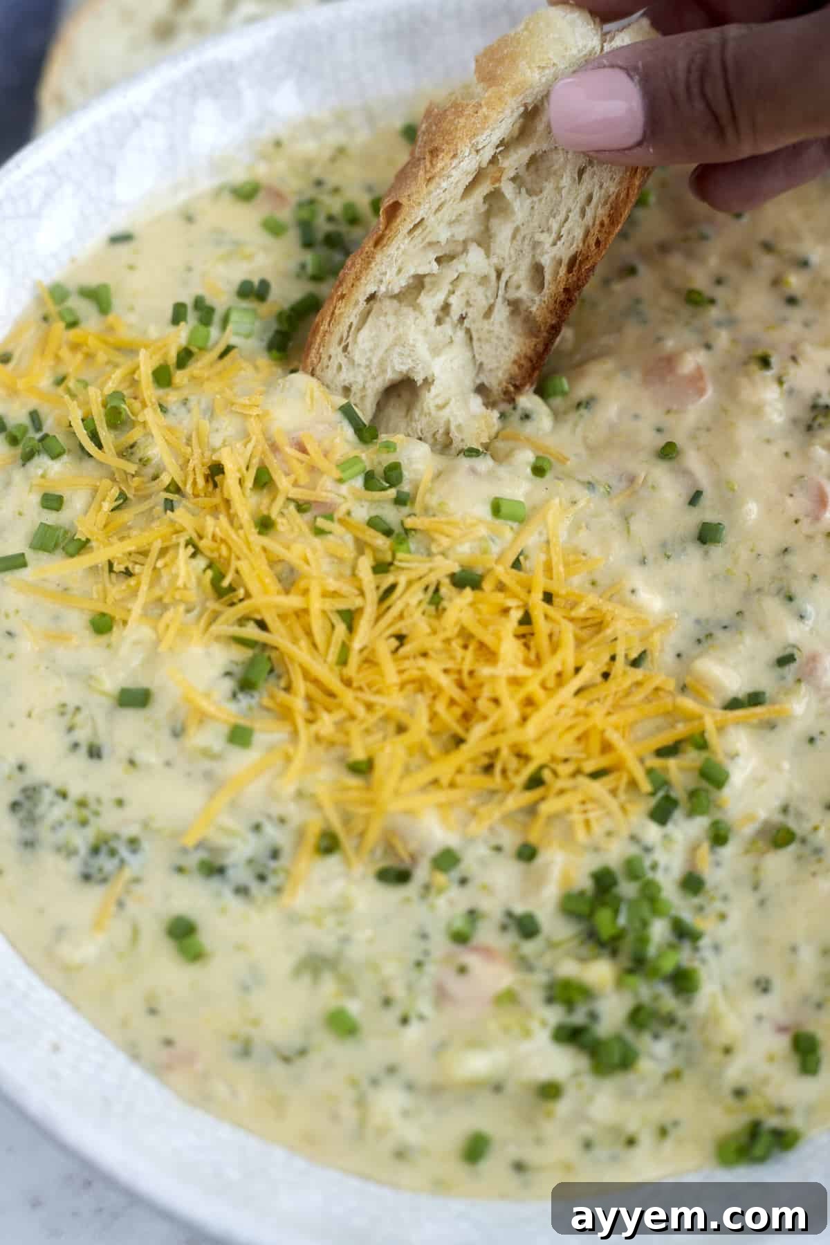 bread being dipped into broccoli & cheese soup.