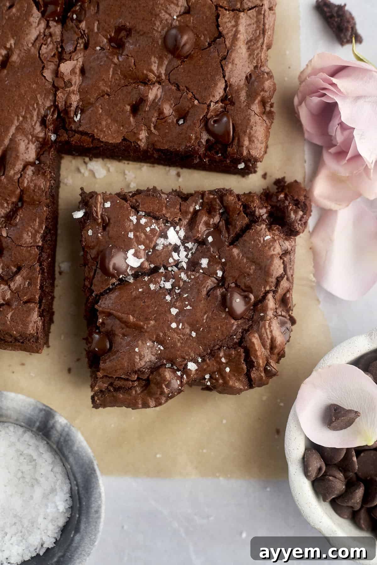 A tray of freshly baked one-bowl brownies ready to be sliced