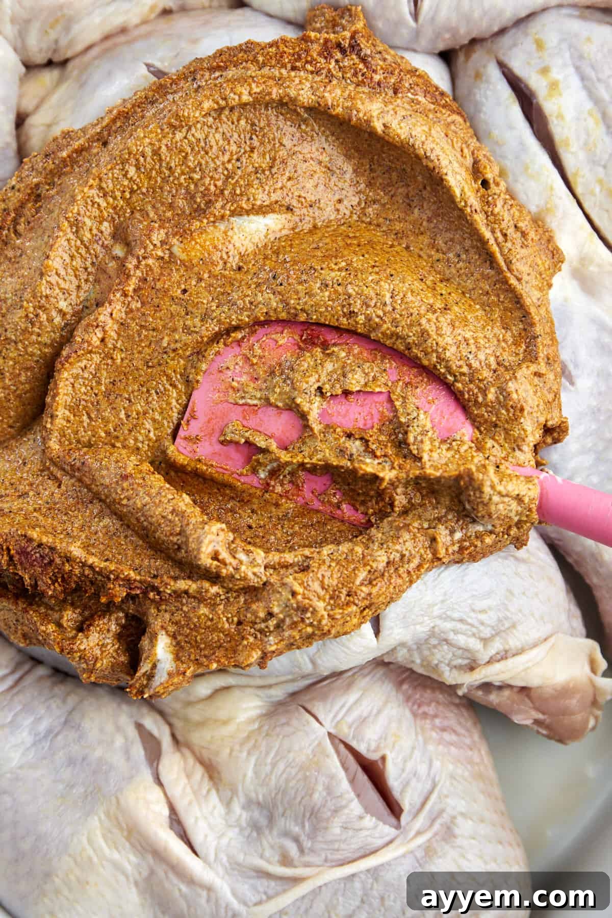 tandoori marinade being spread over raw chicken legs