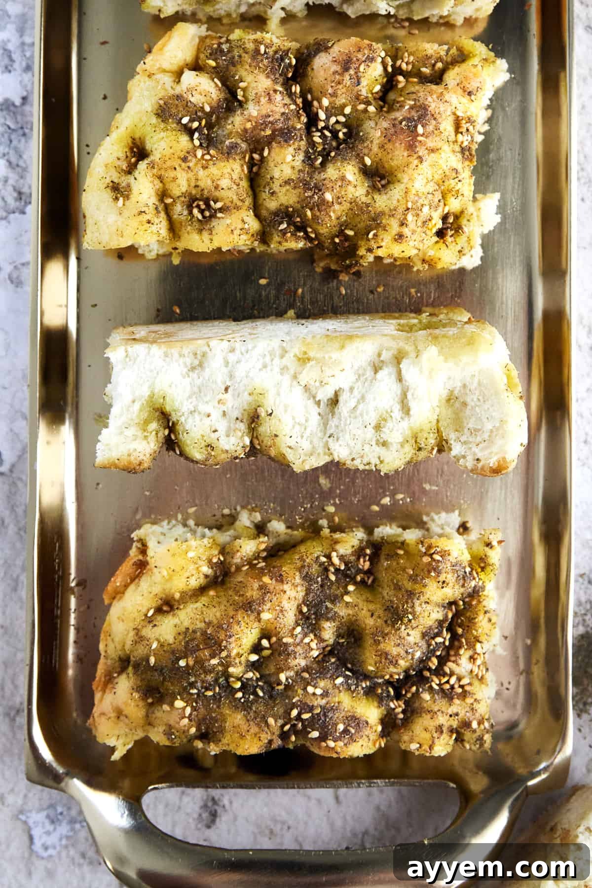 Close-up of a perfectly baked Quick Focaccia with Za'atar Seasoning, showing its crispy edges and aromatic topping.