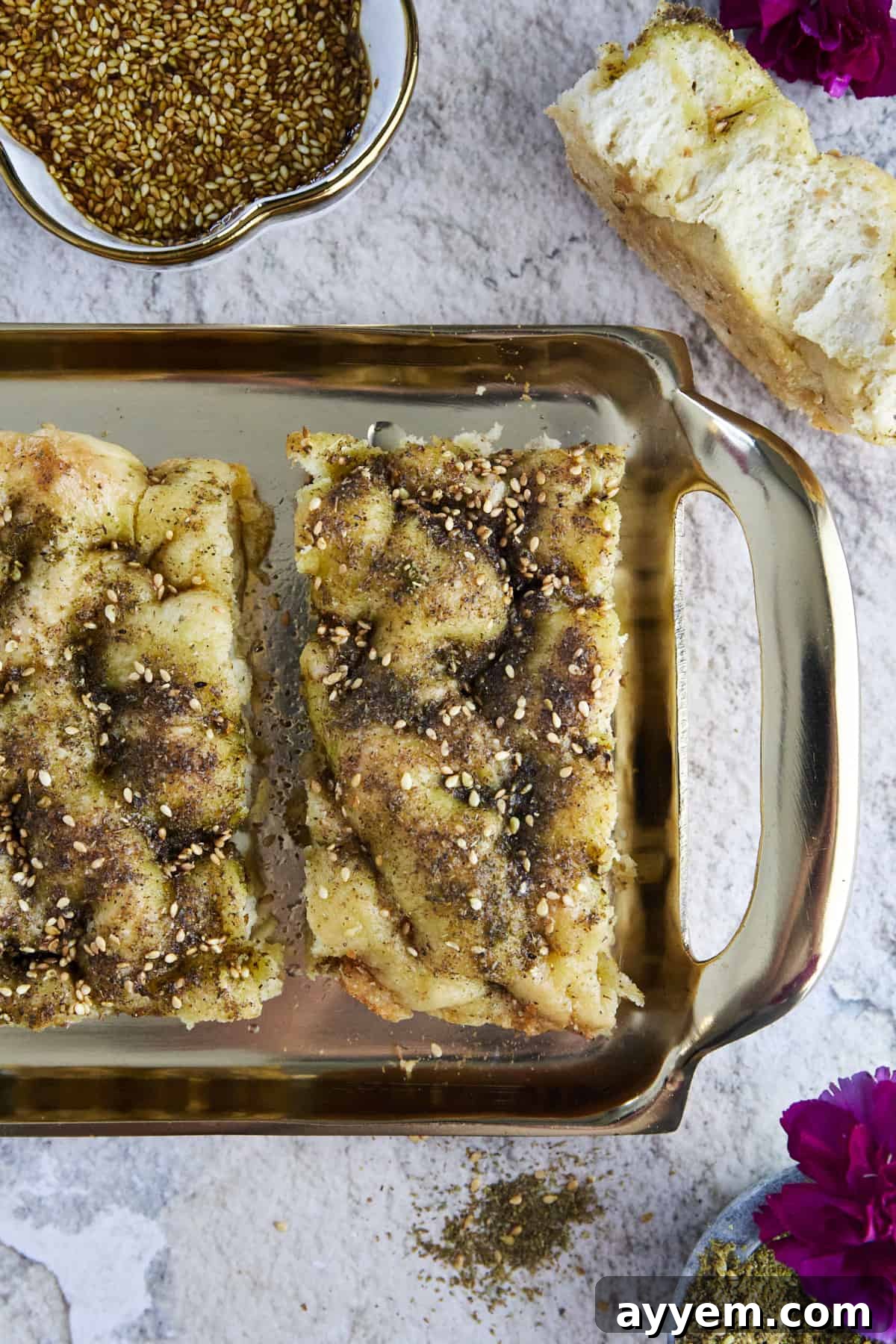 A beautifully golden Quick Focaccia with Za'atar Seasoning, showcasing its irresistible texture and flavorful crust.