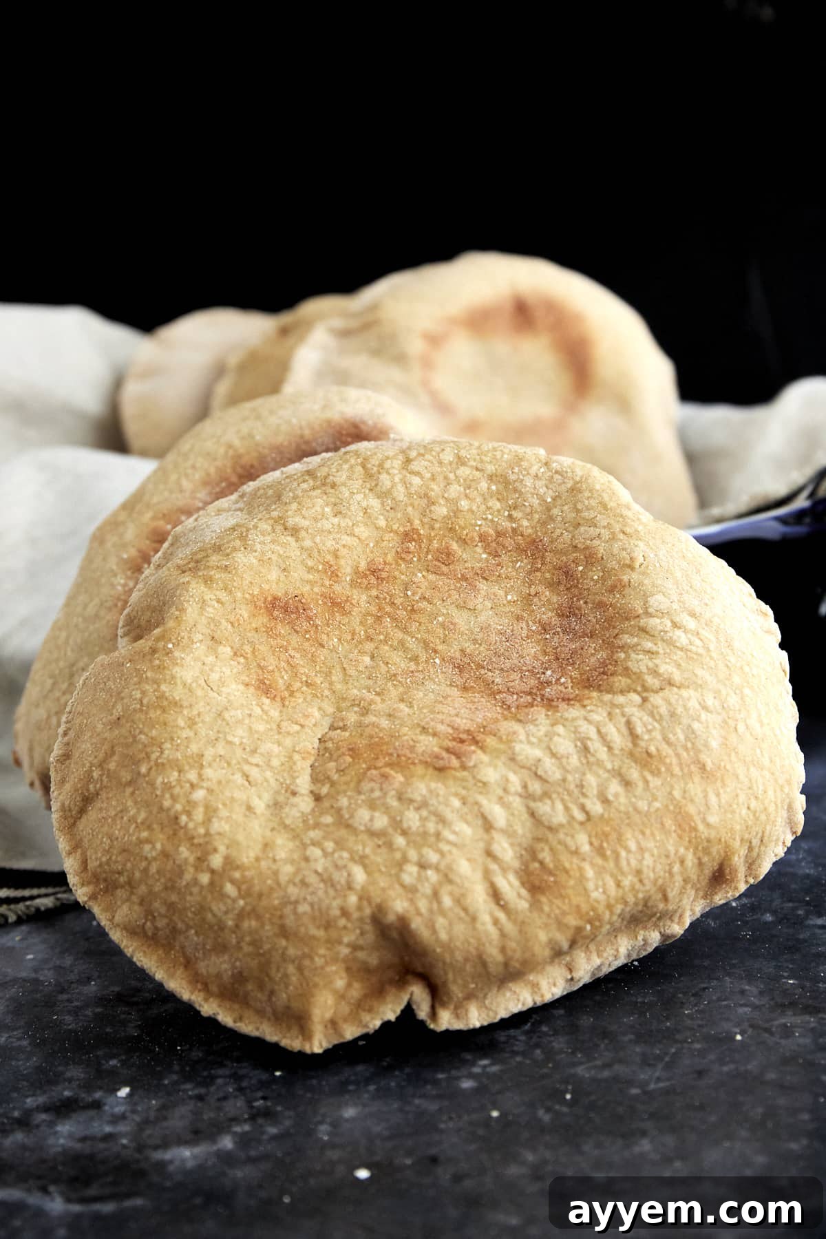 close up image of baked whole wheat pita bread