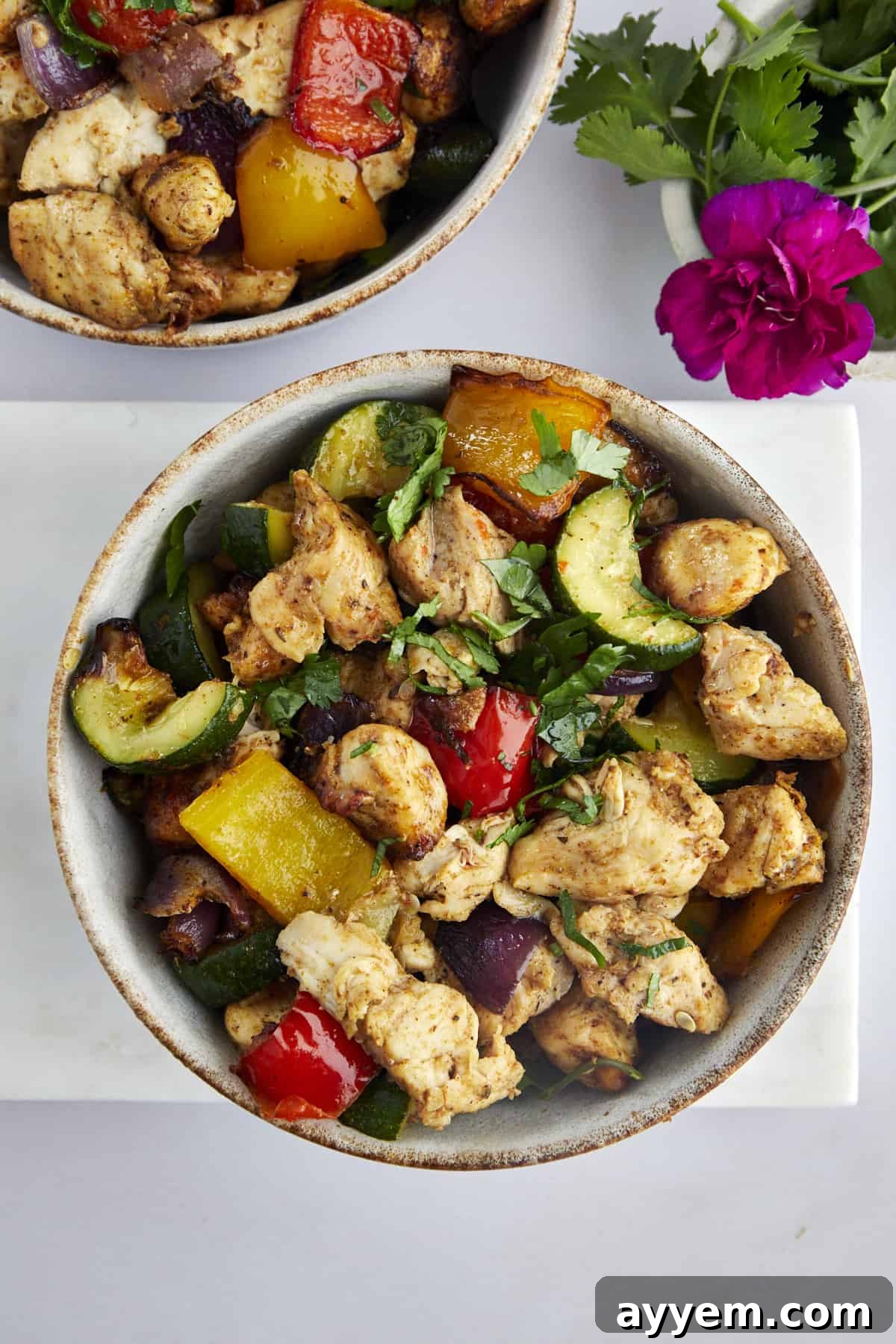 Two bowls of perfectly cooked air fryer chicken breast with colorful roasted vegetables, ready to be served.
