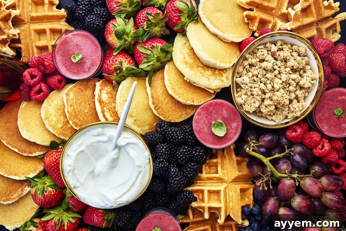 A close-up of a breakfast charcuterie board showcasing neatly arranged mini pancakes, bacon, a variety of colorful berries, and small bowls of syrup and spreads.