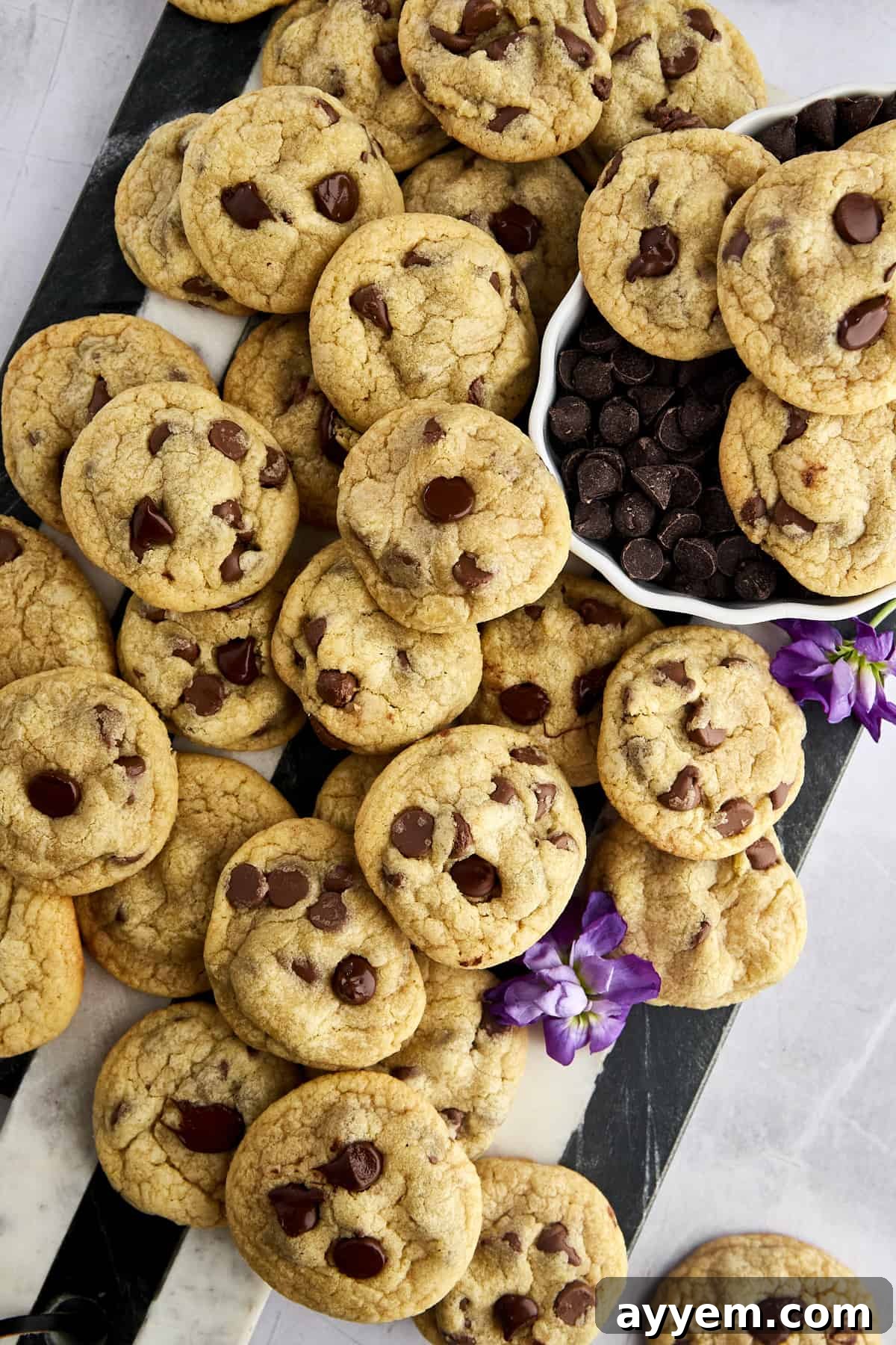 A beautifully arranged platter of golden-brown mini chocolate chip cookies, showcasing their soft centers and melted chocolate chips.
