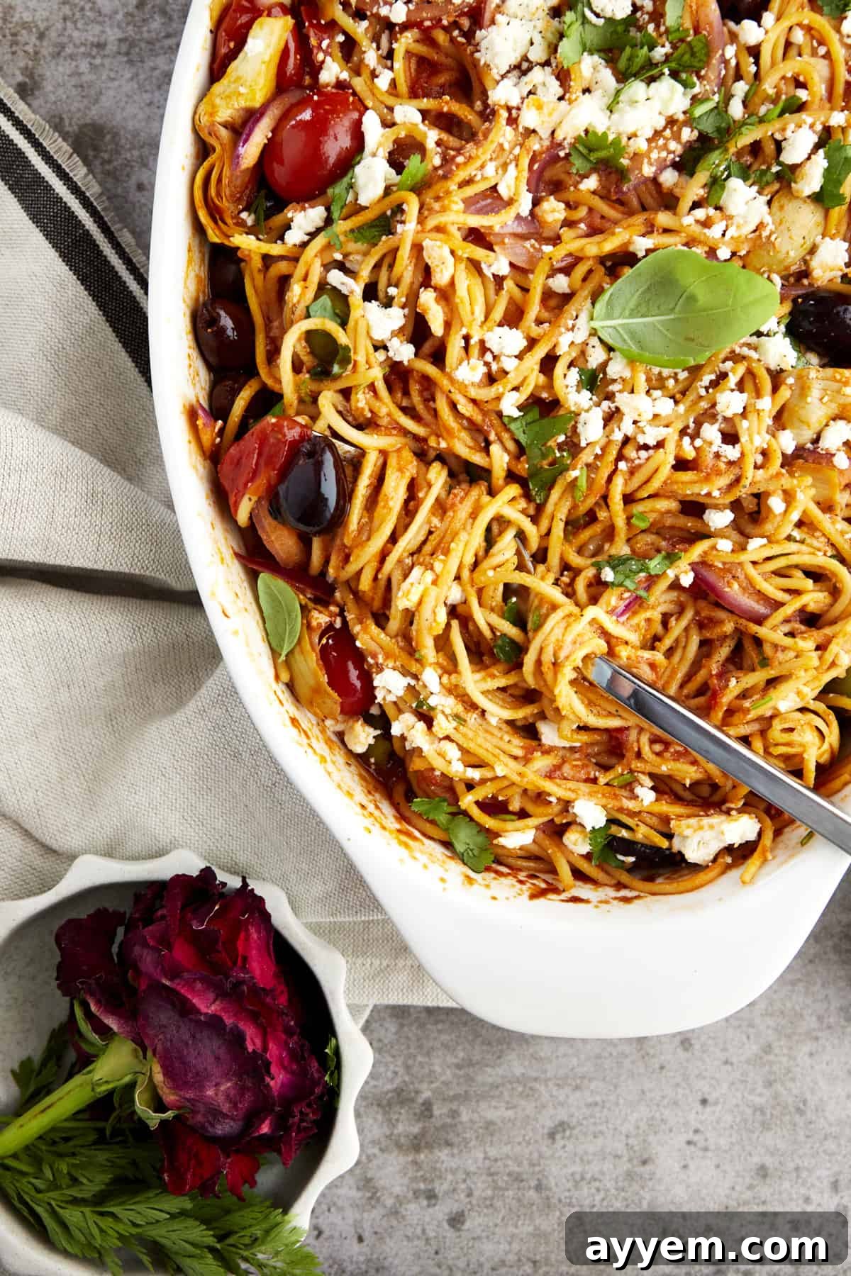 Rustic Mediterranean Spaghetti Casserole 2 Delicious Oven Baked Mediterranean Spaghetti in a white baking dish