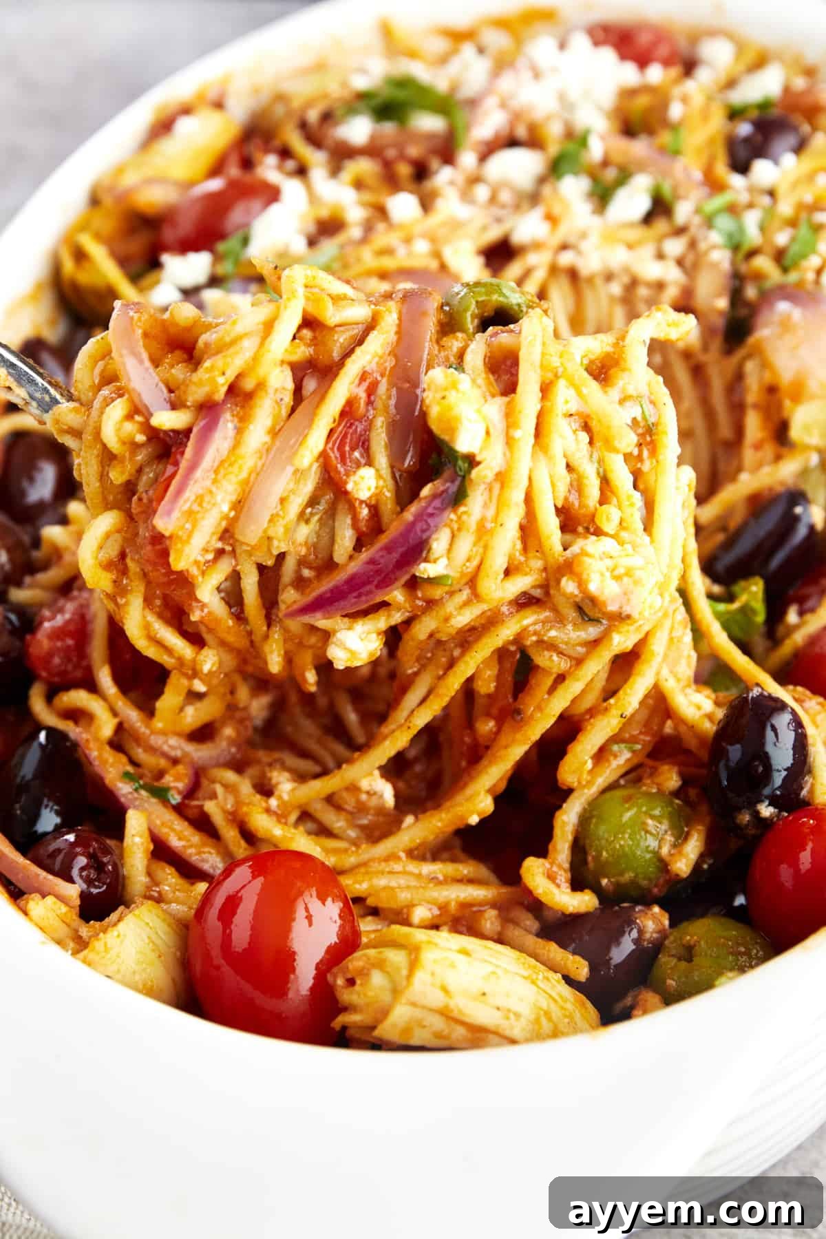 Rustic Mediterranean Spaghetti Casserole 5 Full baking dish of Mediterranean spaghetti ready to serve