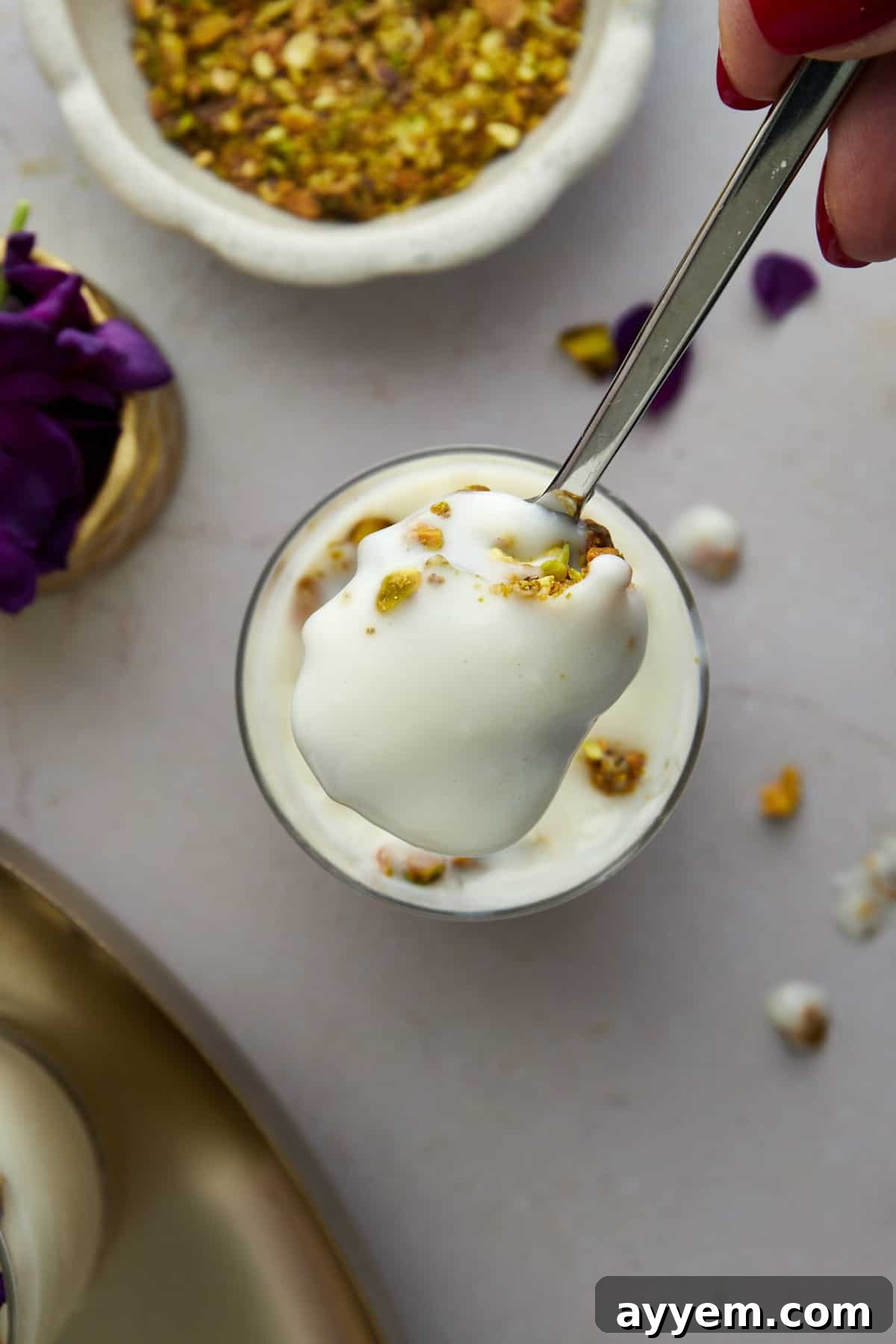 A spoonful of creamy Mahalabia with garnishes, inviting a taste.