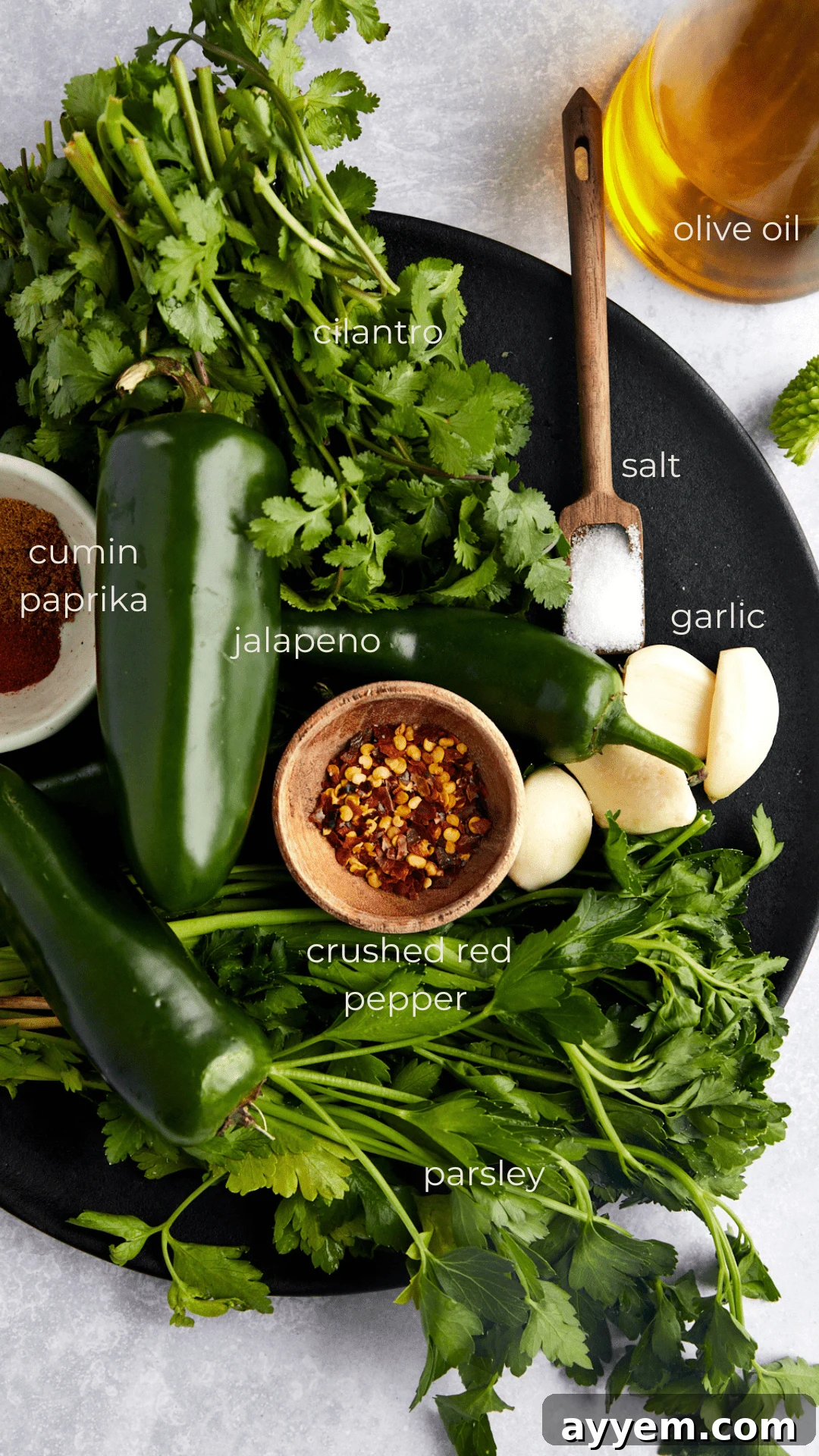 Fresh, vibrant ingredients like parsley, cilantro, jalapeños, and garlic, alongside various spices, arranged for making Zhoug sauce.