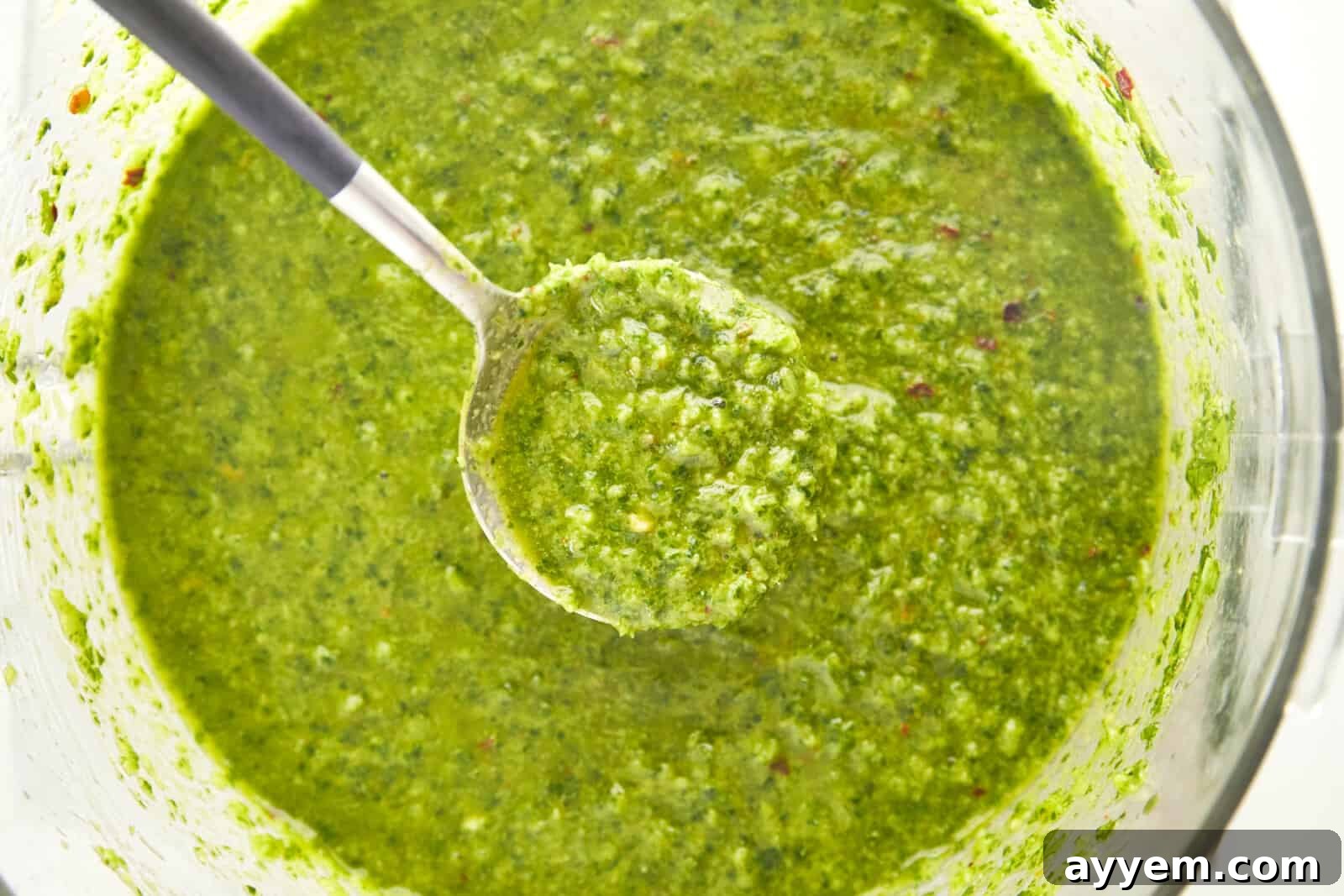 Vibrantly green, smooth Zhoug sauce blended to perfection in a food processor bowl, ready to be transferred.