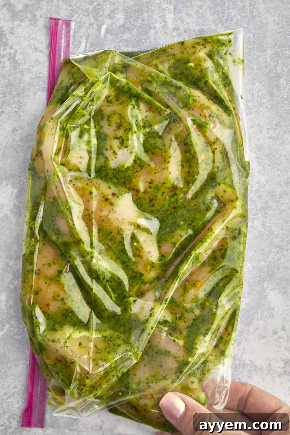 Grilled chicken skewers arranged on a platter, generously drizzled with vibrant green Zhoug sauce, ready to be served.